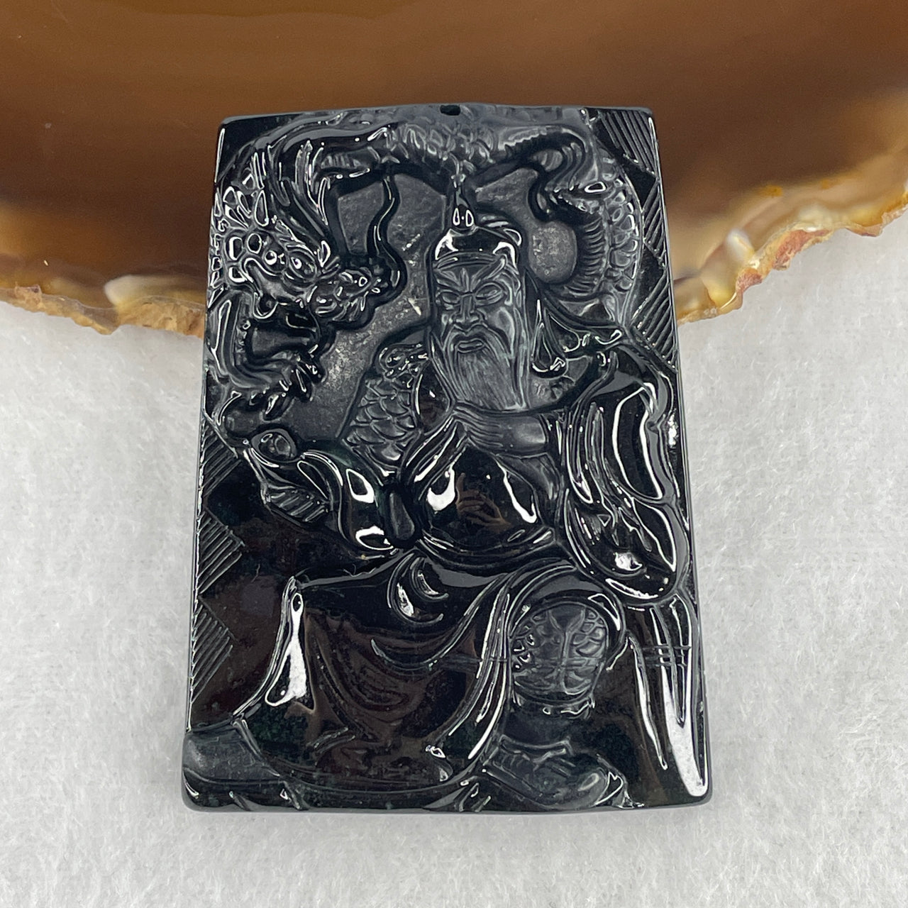 Certified Type A Opaque Black Omphacite Jadeite Guan Gong on Dragon Pendant | God of War & Wealth Protection Talisman (28.73g | 55.8 x 41.7 x 8.0mm)