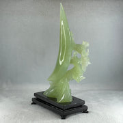 Natural Green Serpentine Twin Cranes on Mountain and Moon with Wooden Stand Display 804.7g H147.0 by B100.0 by H226.0mm - Huangs Jadeite and Jewelry Pte Ltd