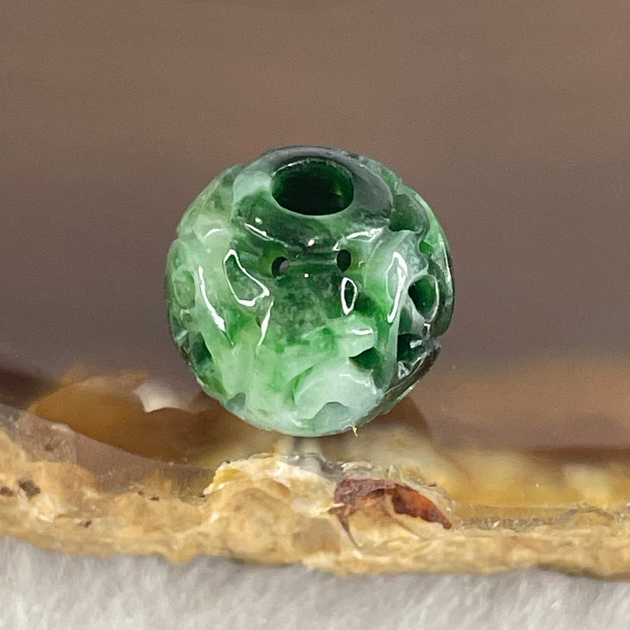 Natural Type A Lao Keng Old Mine Green with Light Green Jadeite Flora Carving Bead Charm 1.38g 10.7mm - Huangs Jadeite and Jewelry Pte Ltd
