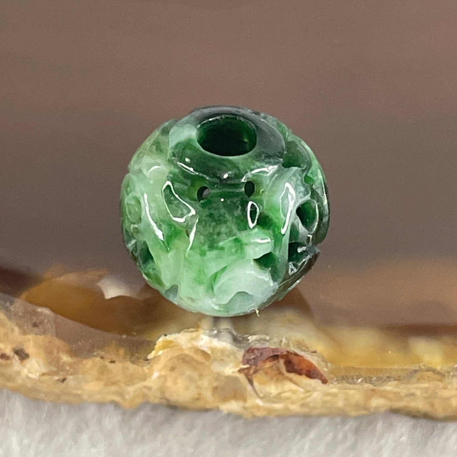 Natural Type A Lao Keng Old Mine Green with Light Green Jadeite Flora Carving Bead Charm 1.38g 10.7mm - Huangs Jadeite and Jewelry Pte Ltd