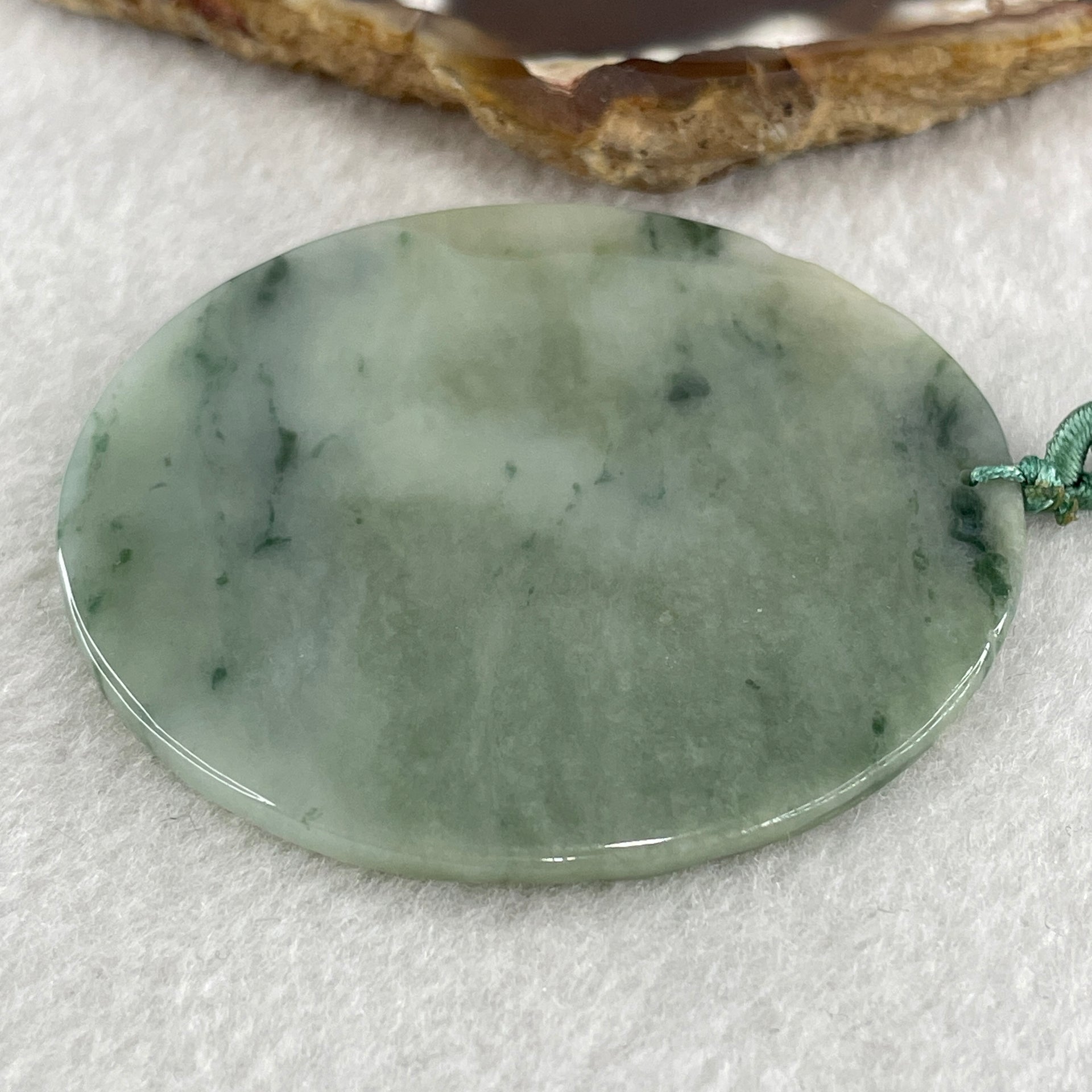 Natural Type A Green with Brownish and Dark Green Piao Hua Jadeite Round Wu Shi Pai Pendant 30.48g 57.9 by 2.9mm - Huangs Jadeite and Jewelry Pte Ltd
