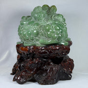 Natural Green Aventurine 3 Legged Toad with Baby Display with Wooden Stand 19.453,2g 320.0 by 300.0 by 345.0mm - Huangs Jadeite and Jewelry Pte Ltd