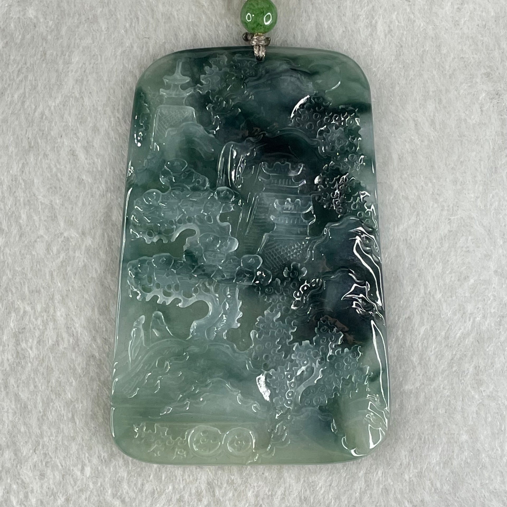 Type A Jelly Semi Icy Blueish Green Jadeite Shan Shui with Guiren Benefactor Pendant 34.79g 61.2 by 41.1 by 5.5mm - Huangs Jadeite and Jewelry Pte Ltd