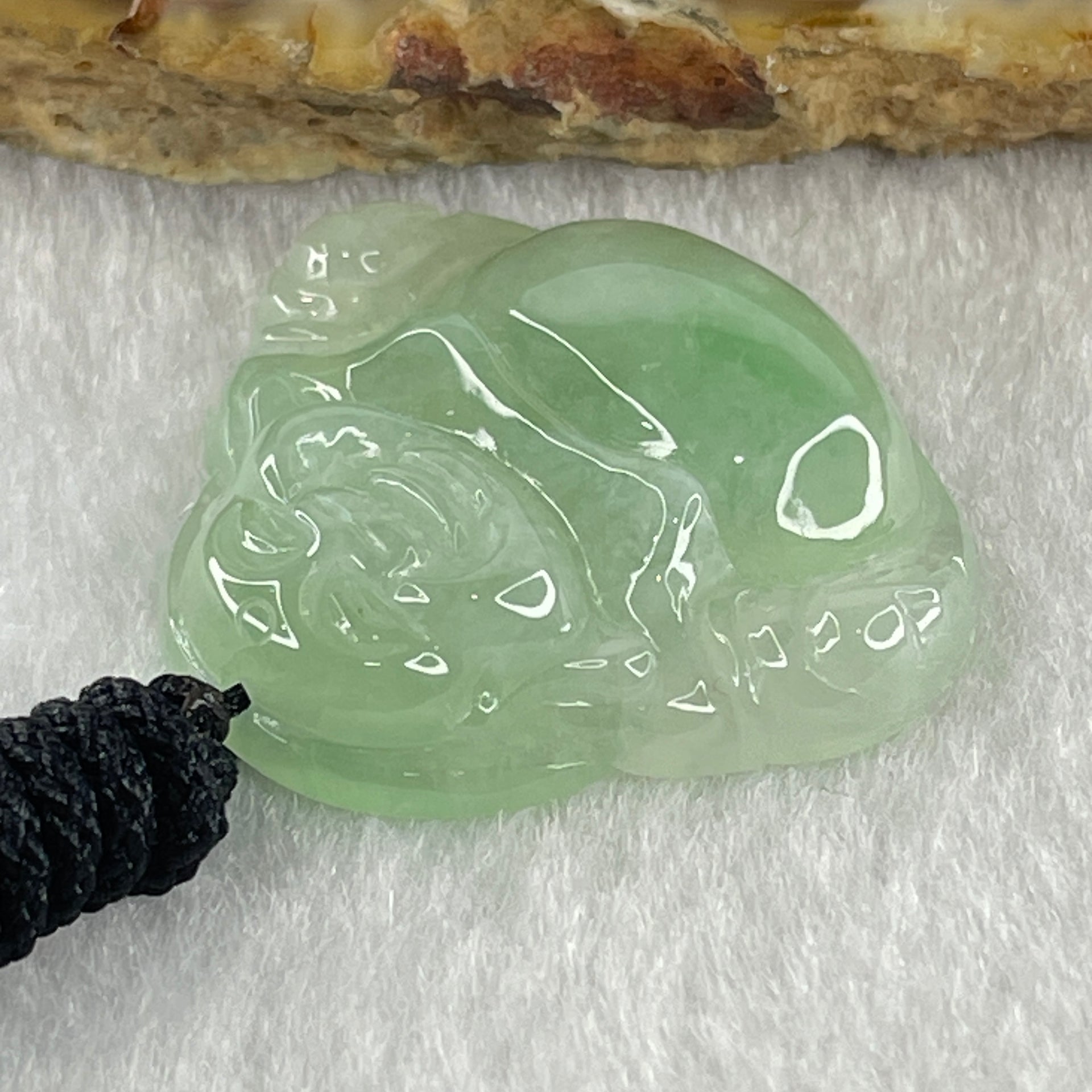 Type A Natural Semi Icy Light Green Jadeite Milo Buddha Pendant 9.03g 25.8 by 28.8 by 6.7mm - Huangs Jadeite and Jewelry Pte Ltd
