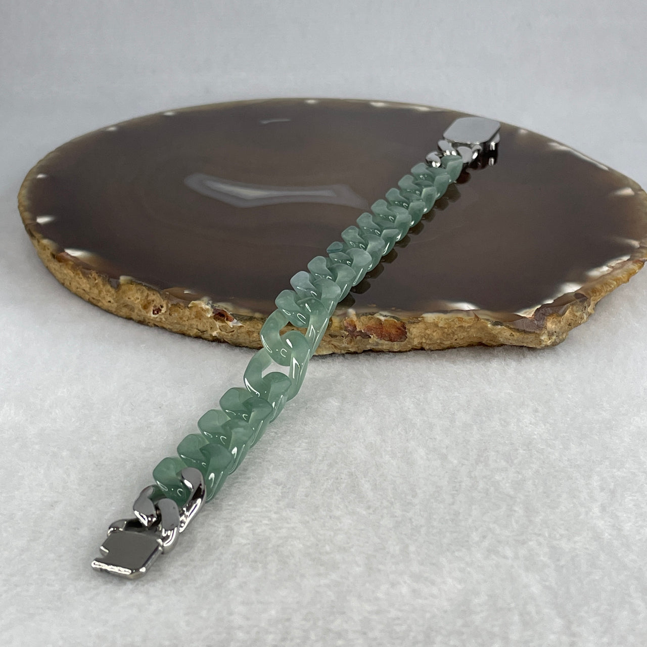 Certified Natural Type A Icy Blueish Green Jadeite Cuban Tennis Bracelet with Sliver Color Clasp 26.11g Up to 18cm 11.7 by 3.4mm 16 Pcs