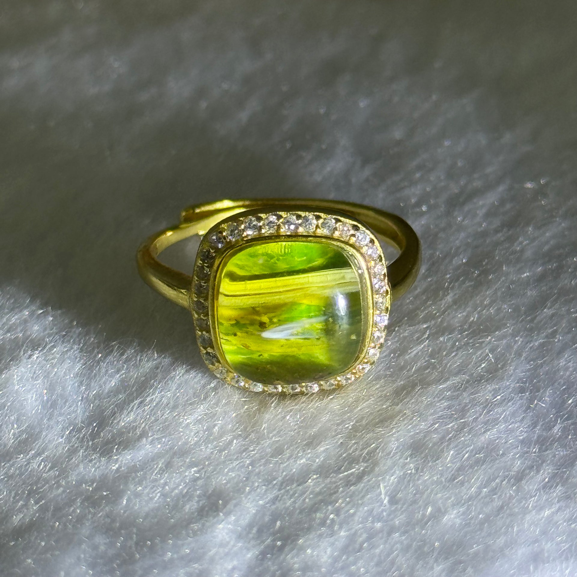 Natural Green Amber with Milk Inclusions in S925 Sliver Gold Color Ring (Adjustable Size) 2.17g 90.0 by 4.0mm - Huangs Jadeite and Jewelry Pte Ltd