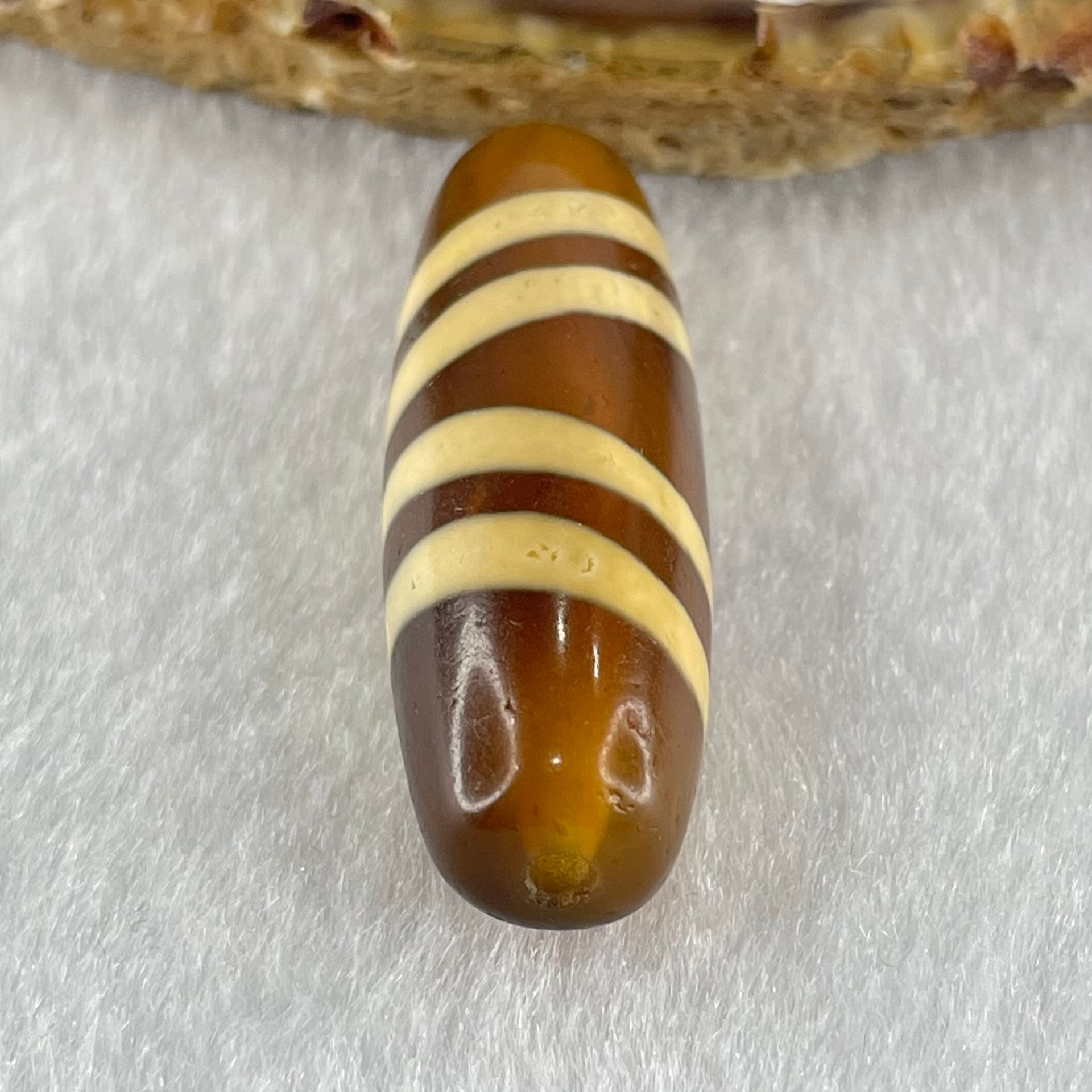 Natural Powerful Tibetan Old Oily Yellowish Brown with Yellowish White Agate 4 Lines Bead Heavenly Master (Tian Zhu) 9.39g 38.7 by 12.5mm - Huangs Jadeite and Jewelry Pte Ltd