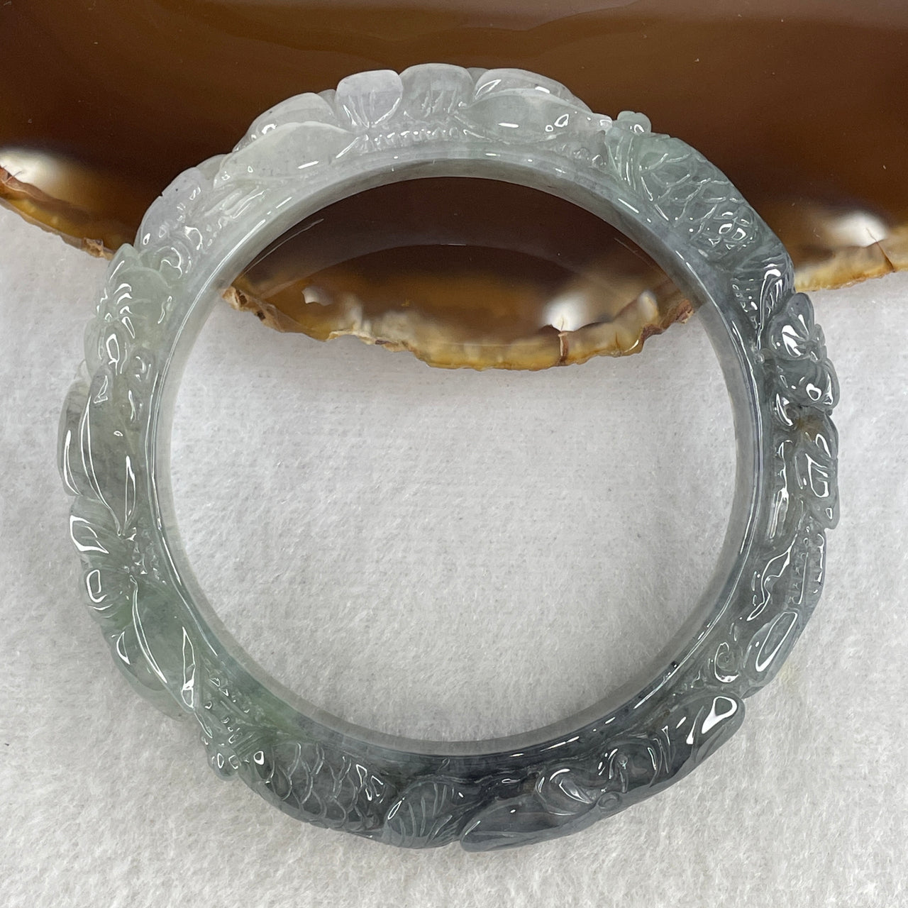 Natural Type A Jelly Jadeite Carved Bangle | 58.2mm Ink-Grey "Wuji" & Light Green Floating Flora | Close to Perfect Master-Sculpted "Double Goldfish & Lotus" Premium Round Heirloom (62.73g 12.0x10.2mm)