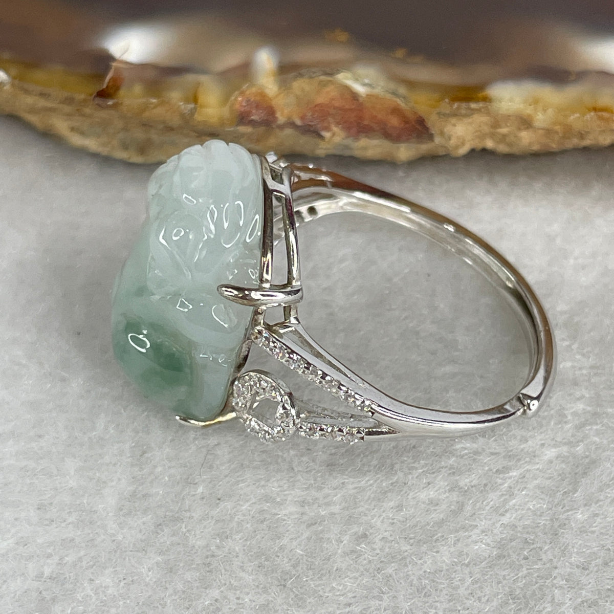 Type A White Jadeite Ring | Ethereal Floating Blueish-Green Flora (Piao Hua) | Master Hand-Carved Prosperity Pixiu | Solid S925 Sterling Silver Setting | Smart Adjustable Sizing (4.77g 18.5x12.7x6.5mm) - Huangs Jadeite and Jewelry Pte Ltd
