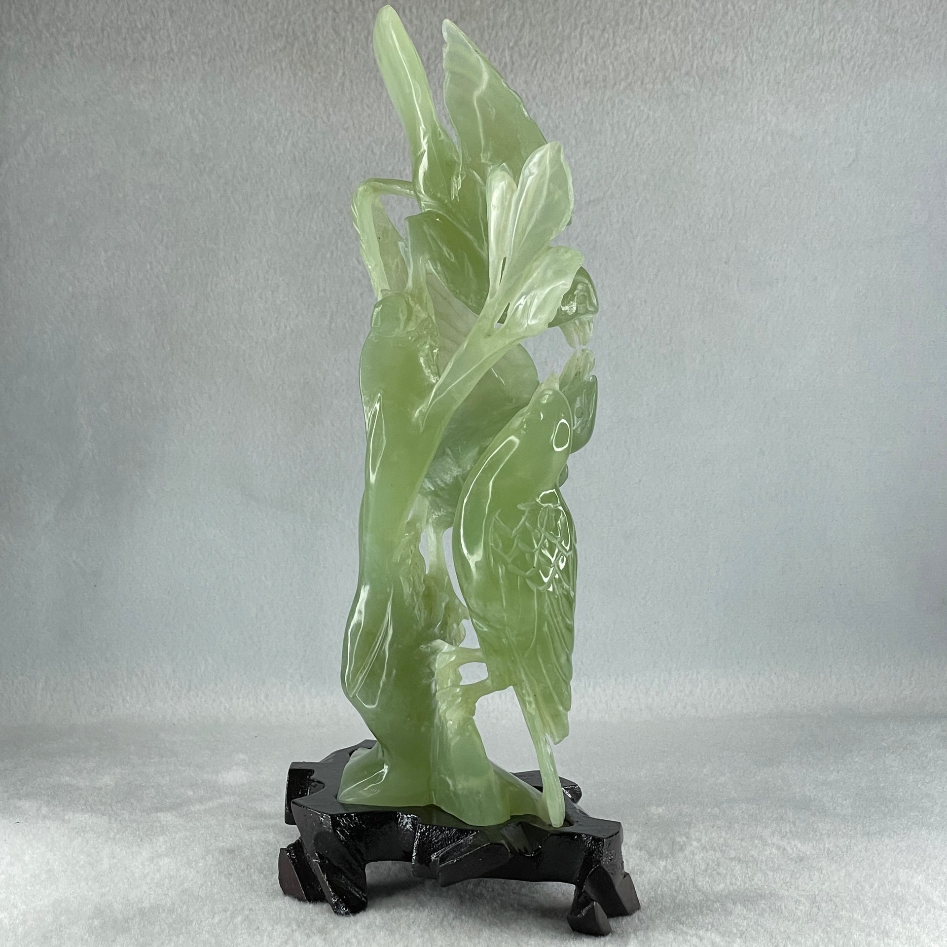 Natural Green Serpentine 3 Magpie Birds on Tree with Wooden Stand Display 569.6g 141.0 by 242.0 by 78.0mm - Huangs Jadeite and Jewelry Pte Ltd
