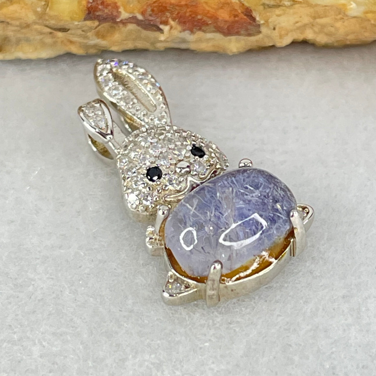 Rare Natural Blue Dumortierite Rutilated Quartz in S925 Sliver Rabbit Pendant 2.49g 9.8 by 6.5 by 4.5mm - Huangs Jadeite and Jewelry Pte Ltd