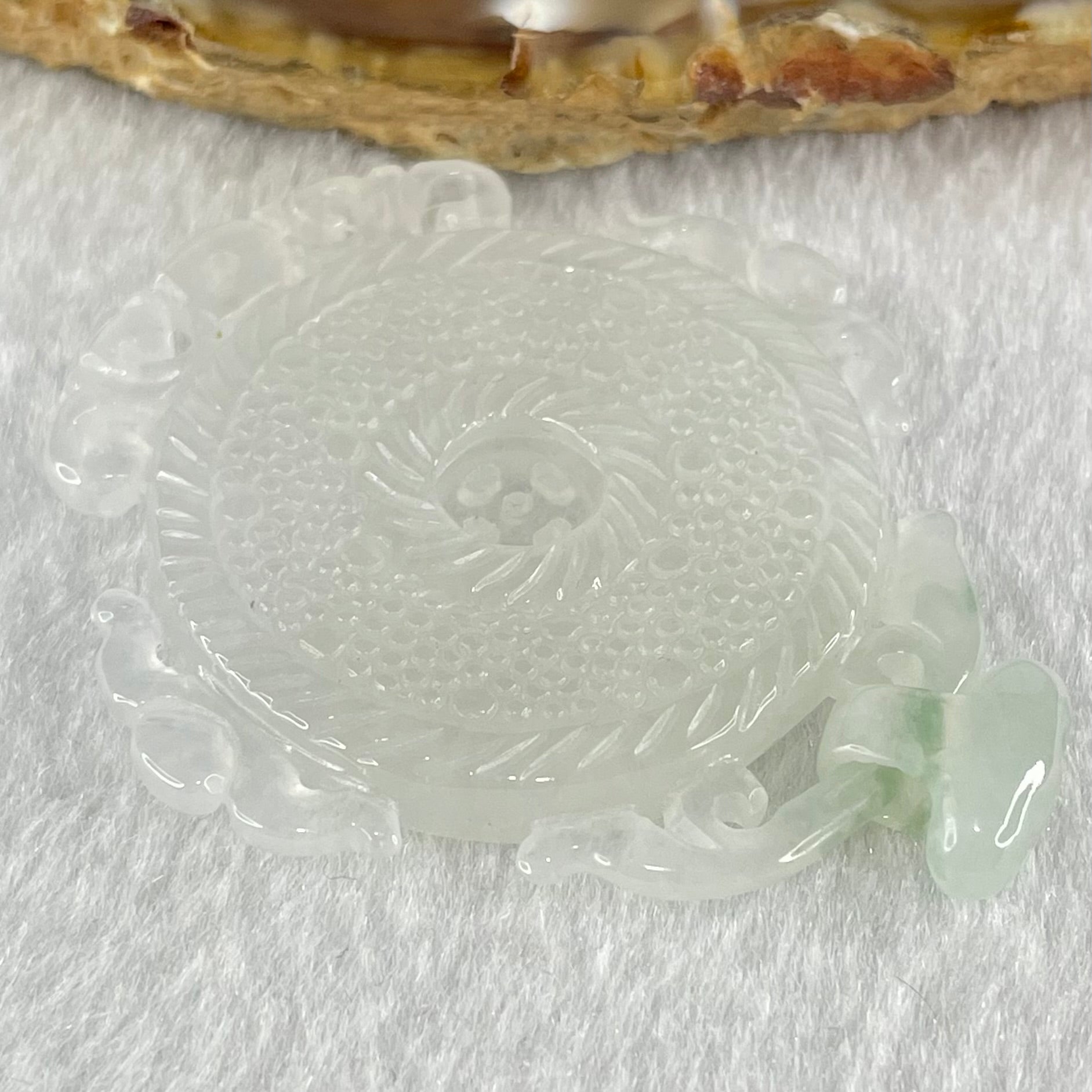 Type A Semi Icy White Jadeite Floral Ping An Kou Donut Pendant 16.76g 45.4 by 43.3 by 5.6mm - Huangs Jadeite and Jewelry Pte Ltd