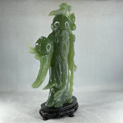 Natural Dark Green Serpentine Shou Xing Gong with Longevity Peach with Wooden Stand Display 1,383.8g 167.0 by 265.0 by 62.0mm - Huangs Jadeite and Jewelry Pte Ltd