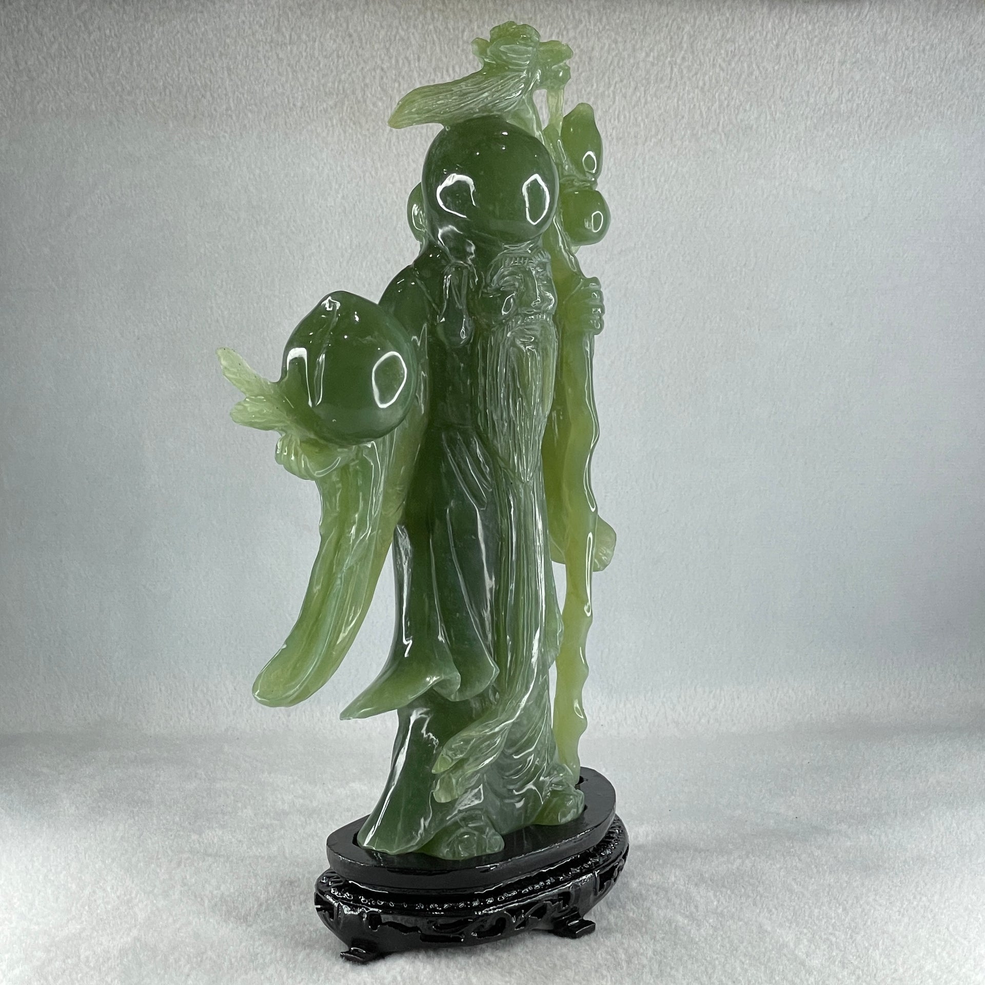 Natural Dark Green Serpentine Shou Xing Gong with Longevity Peach with Wooden Stand Display 1,383.8g 167.0 by 265.0 by 62.0mm - Huangs Jadeite and Jewelry Pte Ltd