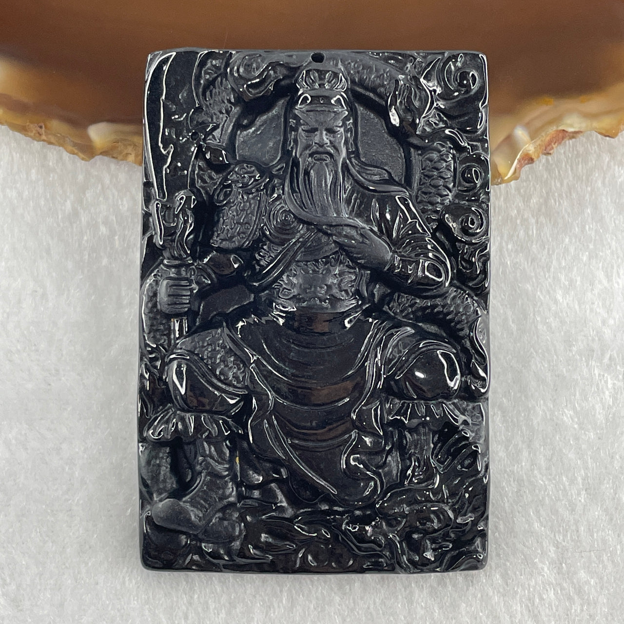 Type A Opaque to Partial Translucent Black Omphacite Jadeite Guan Gong with Dragon Pendant 33.76g 61.3 by 41.6 by 7.2mm - Huangs Jadeite and Jewelry Pte Ltd