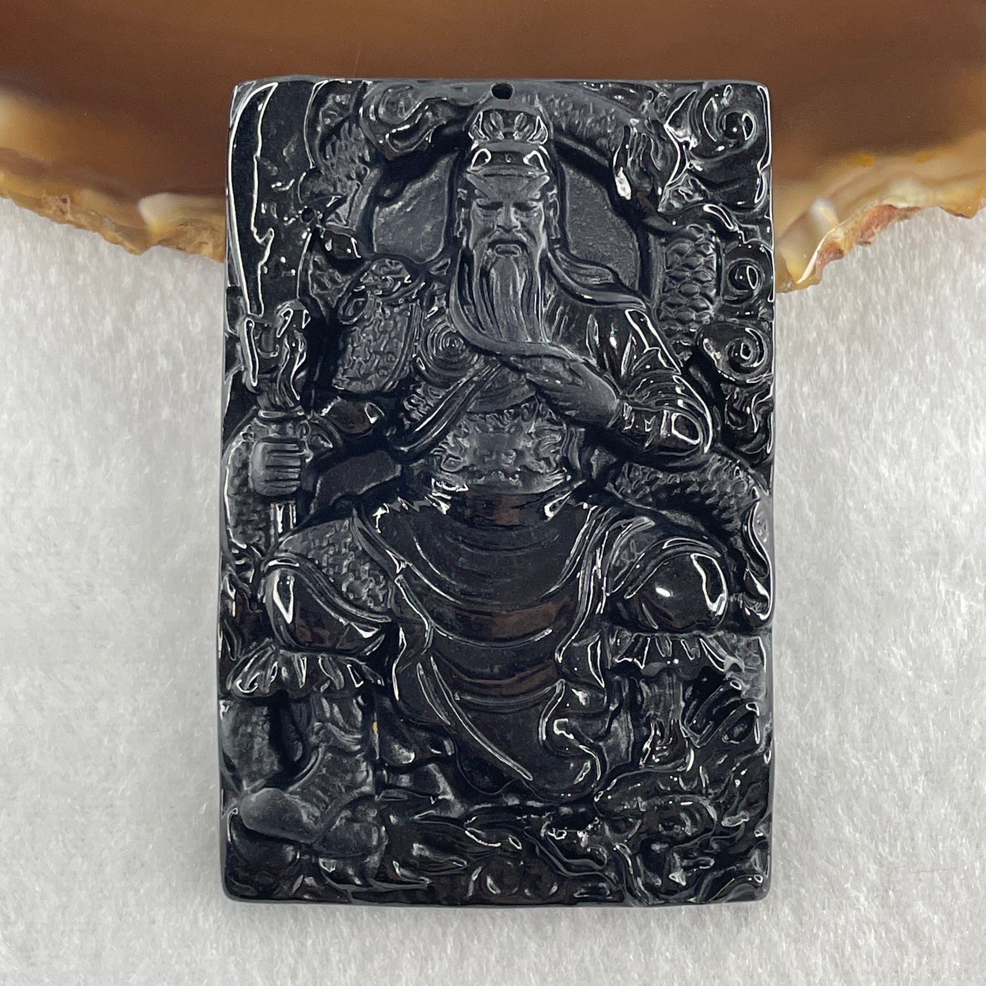 Type A Opaque to Partial Translucent Black Omphacite Jadeite Guan Gong with Dragon Pendant 33.76g 61.3 by 41.6 by 7.2mm - Huangs Jadeite and Jewelry Pte Ltd