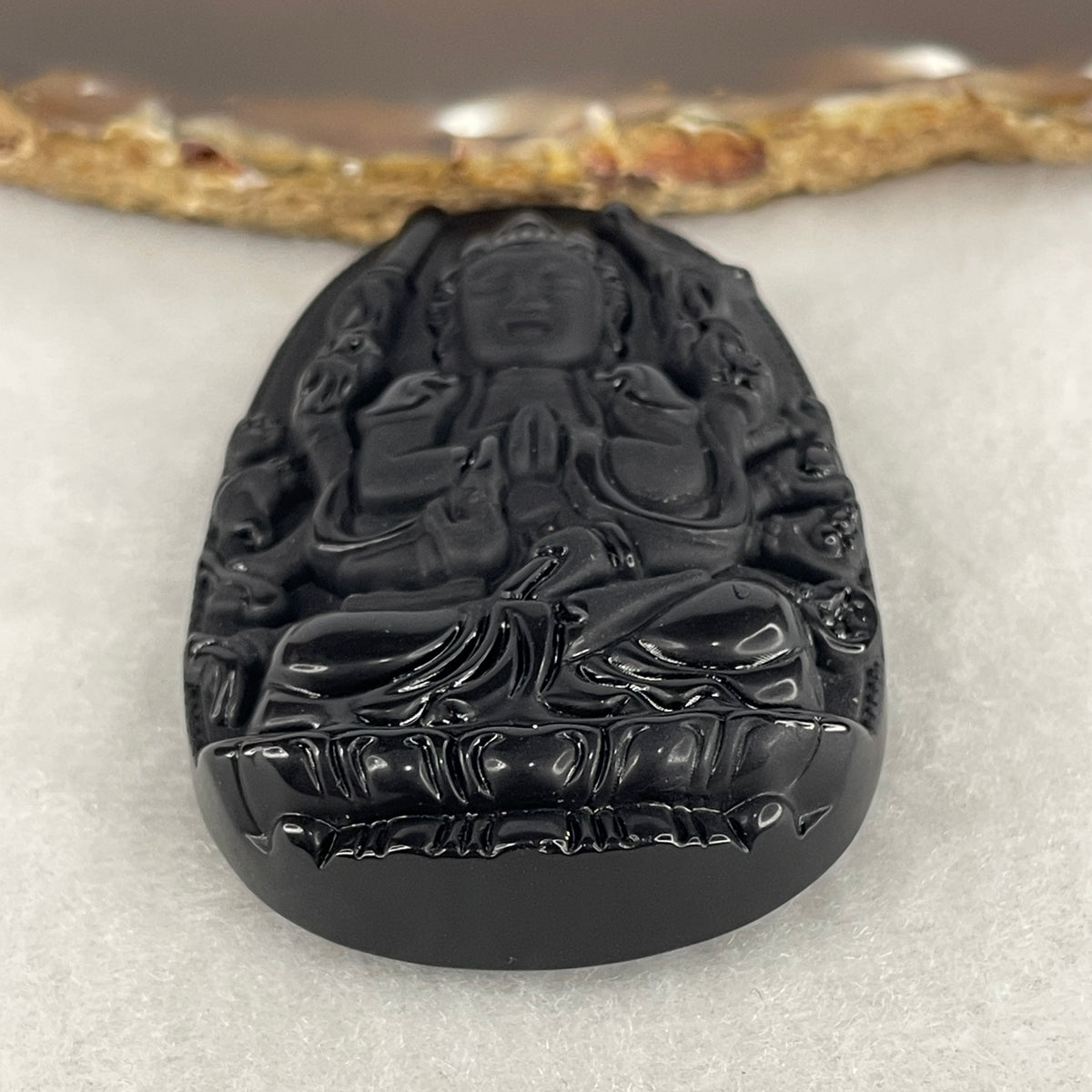 Natural Black Agate Onyx Thousand-Hands Guan Yin Pendant | Hand-Carved Sacred Compassion Talisman (43.97g | 61.7 x 39.8 x 13.8mm)
