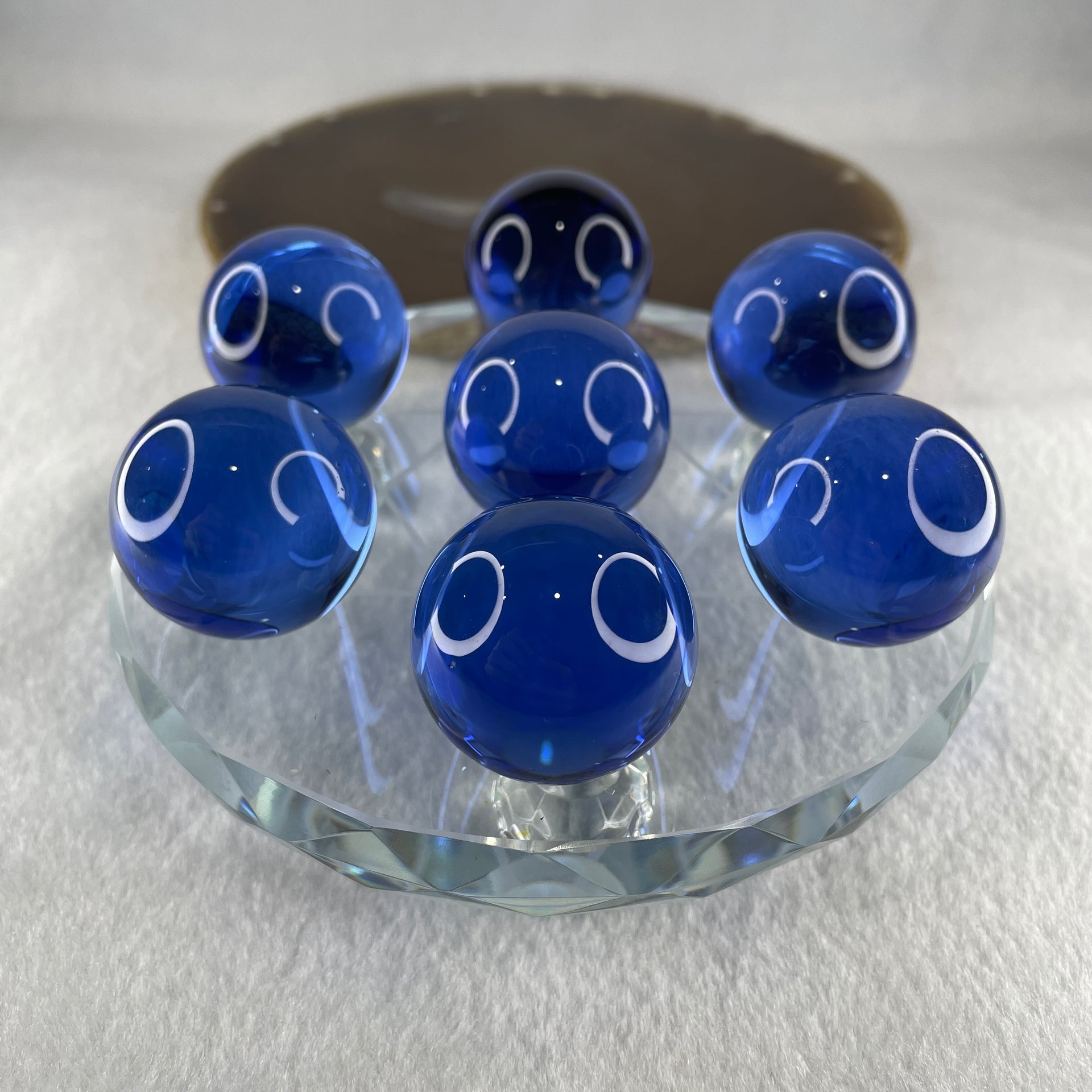 Blue Liuli 7 Sphere Balls 29.4mm Set with 7 Star Base Display 557.3g 119.5 by 55.5mm - Huangs Jadeite and Jewelry Pte Ltd