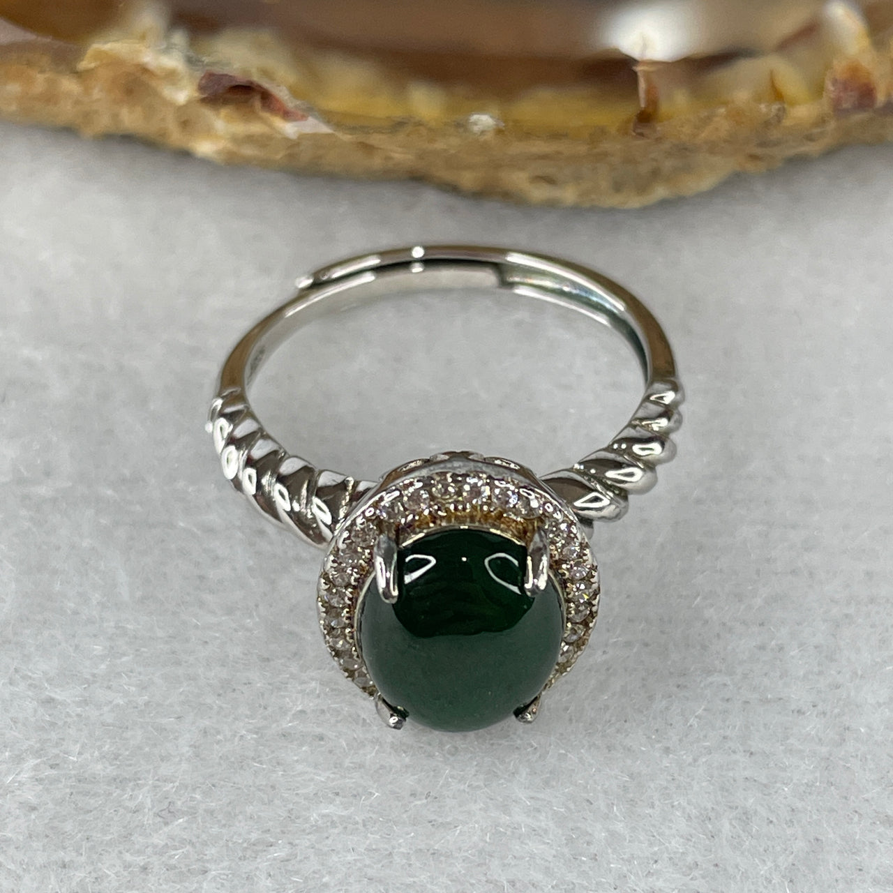 Certified Type A Icy Dark Green Omphacite Jadeite Cabochon S925 Silver Ring | Solid Sterling Silver Frame | Smart Adjustable Sizing (3.25g 9.2x7.9x3.5mm)