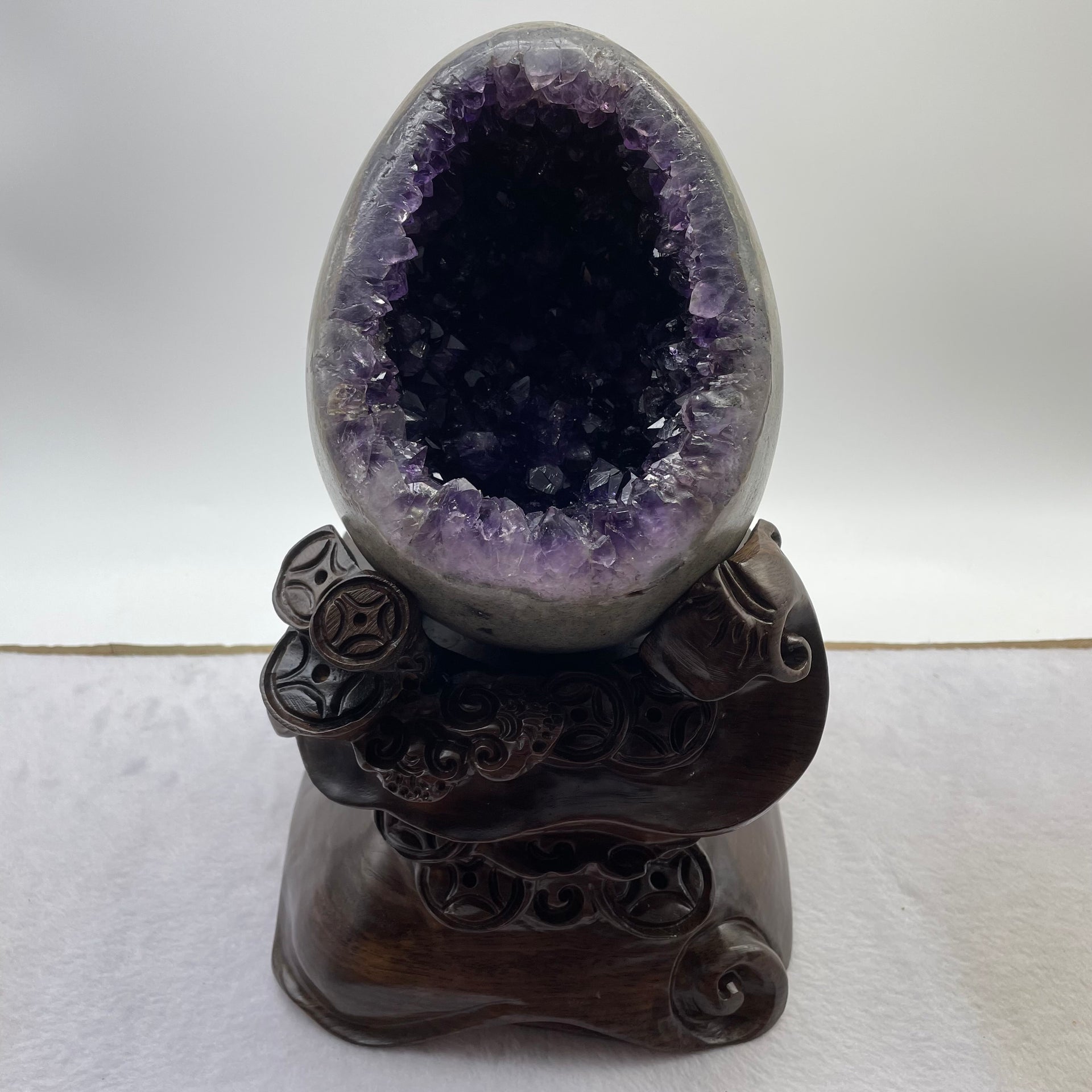 Natural Deep Purple Amethyst Egg with Wooden Stand Display Total 5,496.0g 170.0 by 165.0 by 275.0mm - Huangs Jadeite and Jewelry Pte Ltd