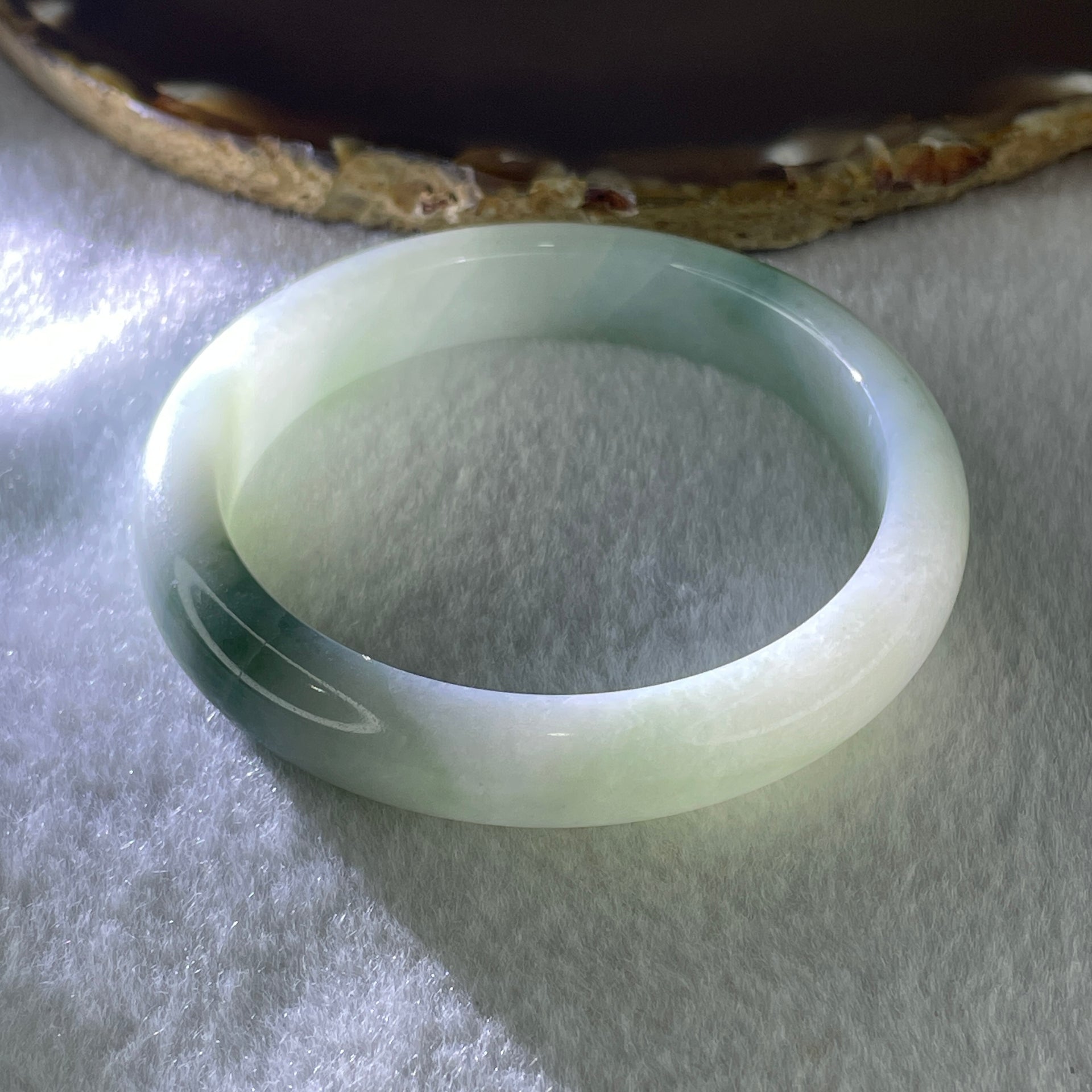 Natural Type A Jelly Faint Green with Blueish Green Piao Hua Flora Jadeite Bangle 44.39g Inner Diameter 55.2mm 11.2 by 8.3mm (Internal Lines) - Huangs Jadeite and Jewelry Pte Ltd