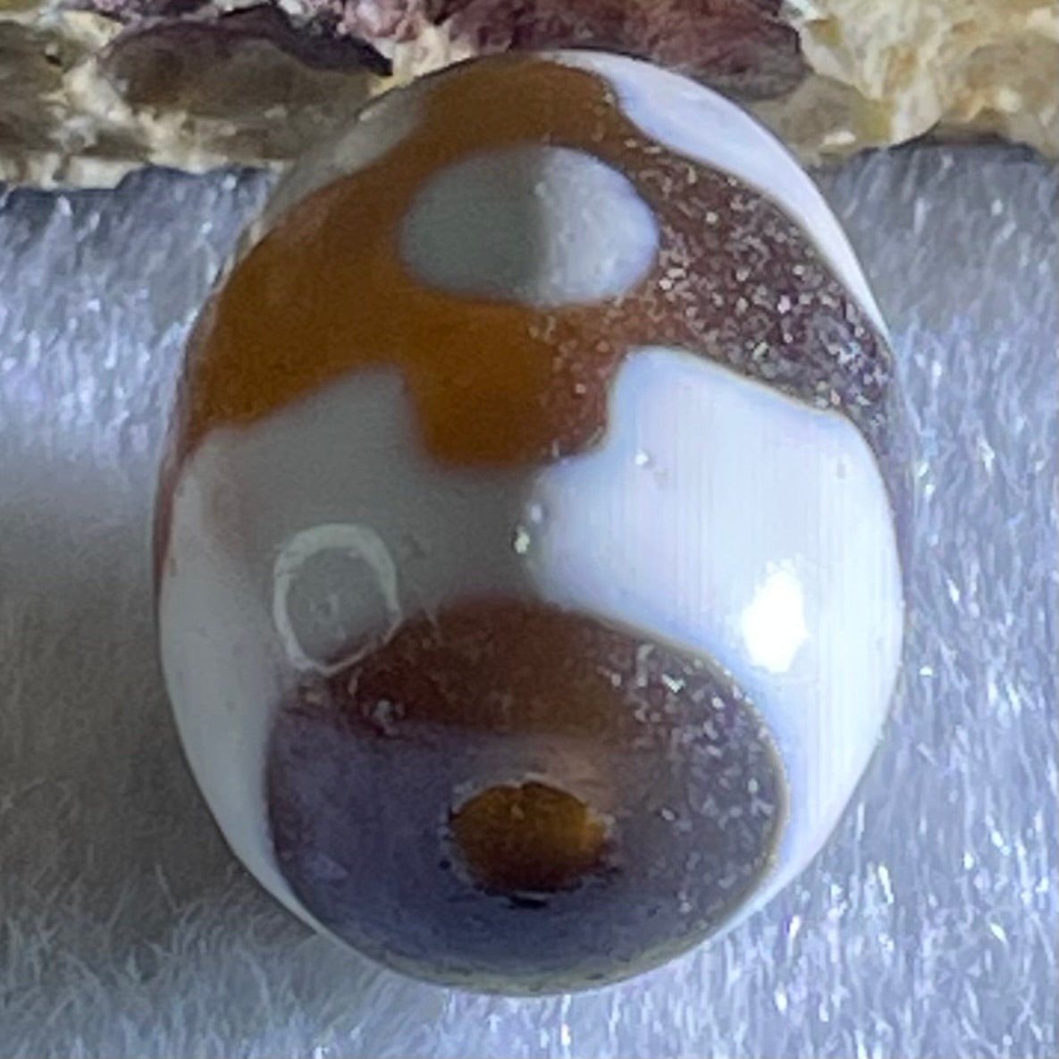 Natural Powerful Tibetan Old Oily Dark Brown With White Agate 3 Eyes Dzi Bead Heavenly Master (Tian Zhu) 三眼天诛 4.41g 17.4 by 12.8mm - Huangs Jadeite and Jewelry Pte Ltd