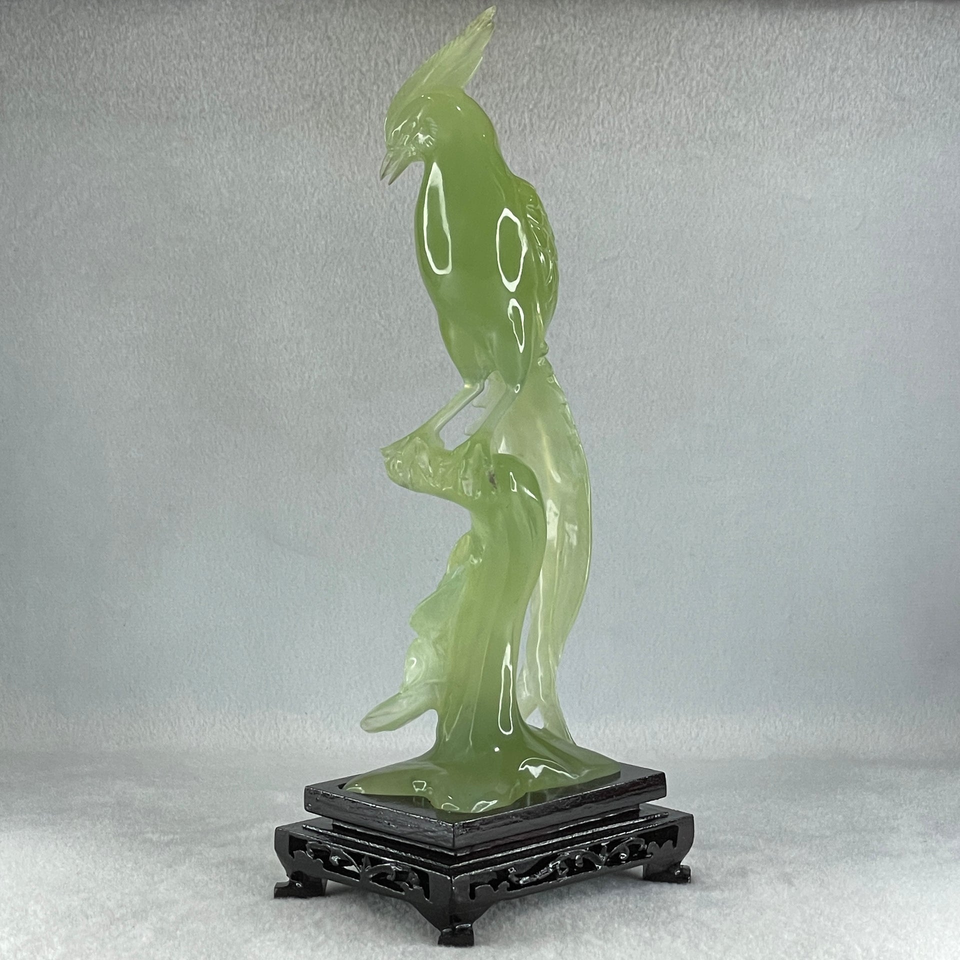 Natural Green Serpentine Phoenix on Tree with Wooden Stand Display 507.8g 114.0 by 265.0 by 84.0mm - Huangs Jadeite and Jewelry Pte Ltd