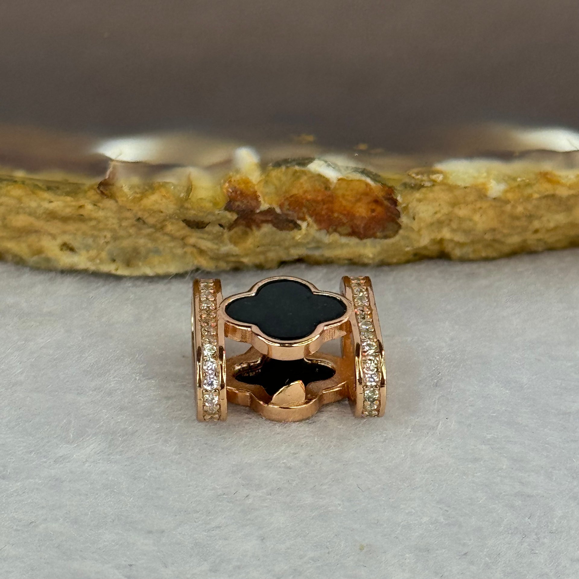 Type A Translucent Black Omphasite Jadeite Double Sided Clover with Crystals in S925 Sliver Rose Gold Color Charm 2.05g 7.7 by 7.7 by 1.5mm - Huangs Jadeite and Jewelry Pte Ltd