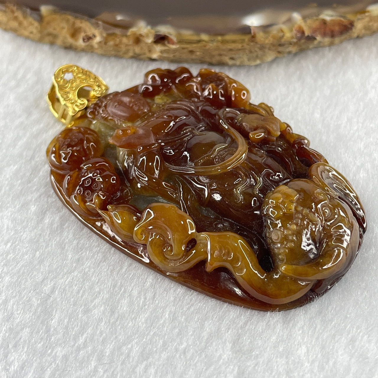 Natural Type A Red Brown Yellow awith Blueish Green Jadeite Samantabhadra Bodhisattva Guan Yin on Elephant in 18K Yellow Gold Pendant 43.82g 58.5 by 42.1 by 11.3mm