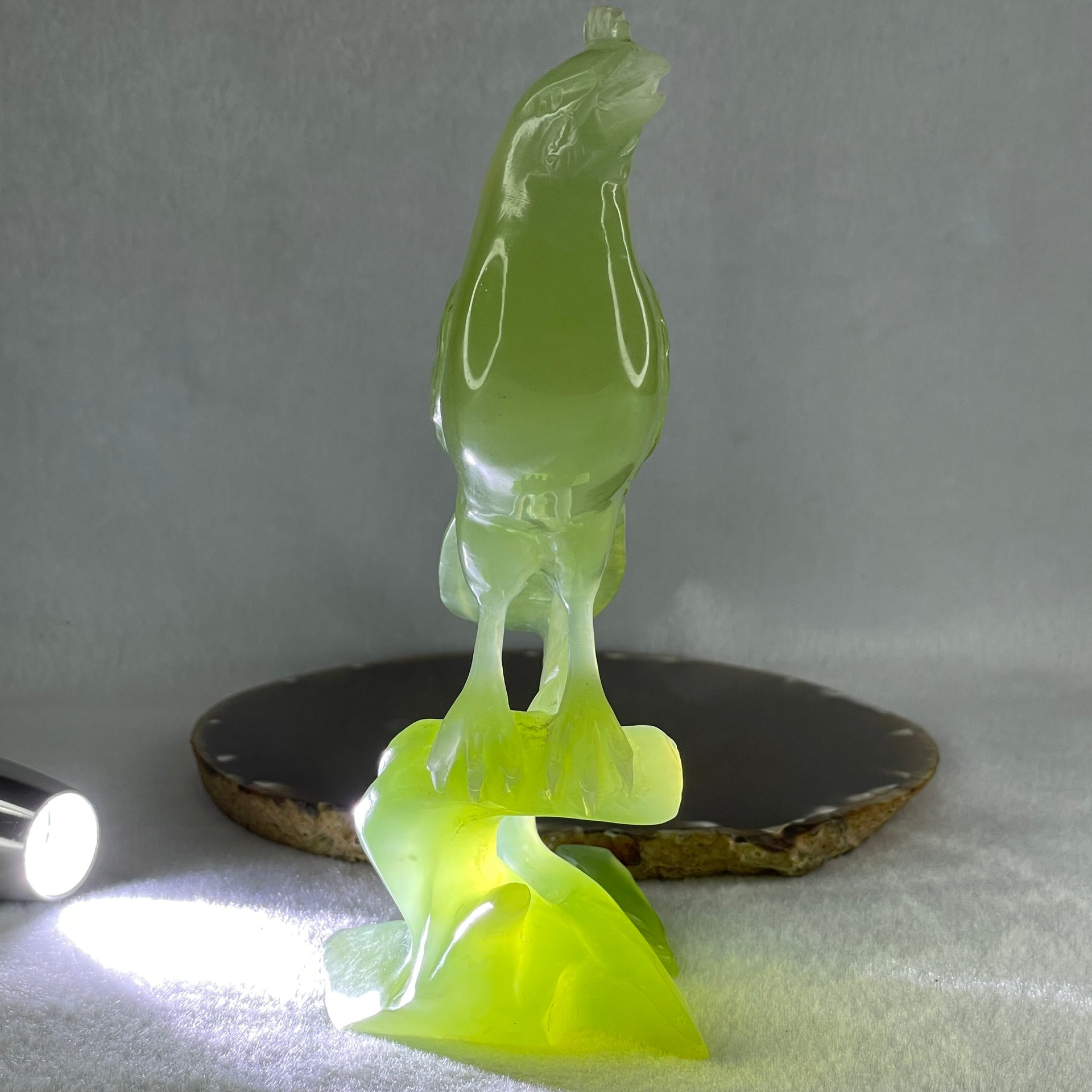 Natural Green Serpentine Bird on Plant with Wooden Stand Display 412.0g 135.0 by 96.0 by 190.0mm - Huangs Jadeite and Jewelry Pte Ltd