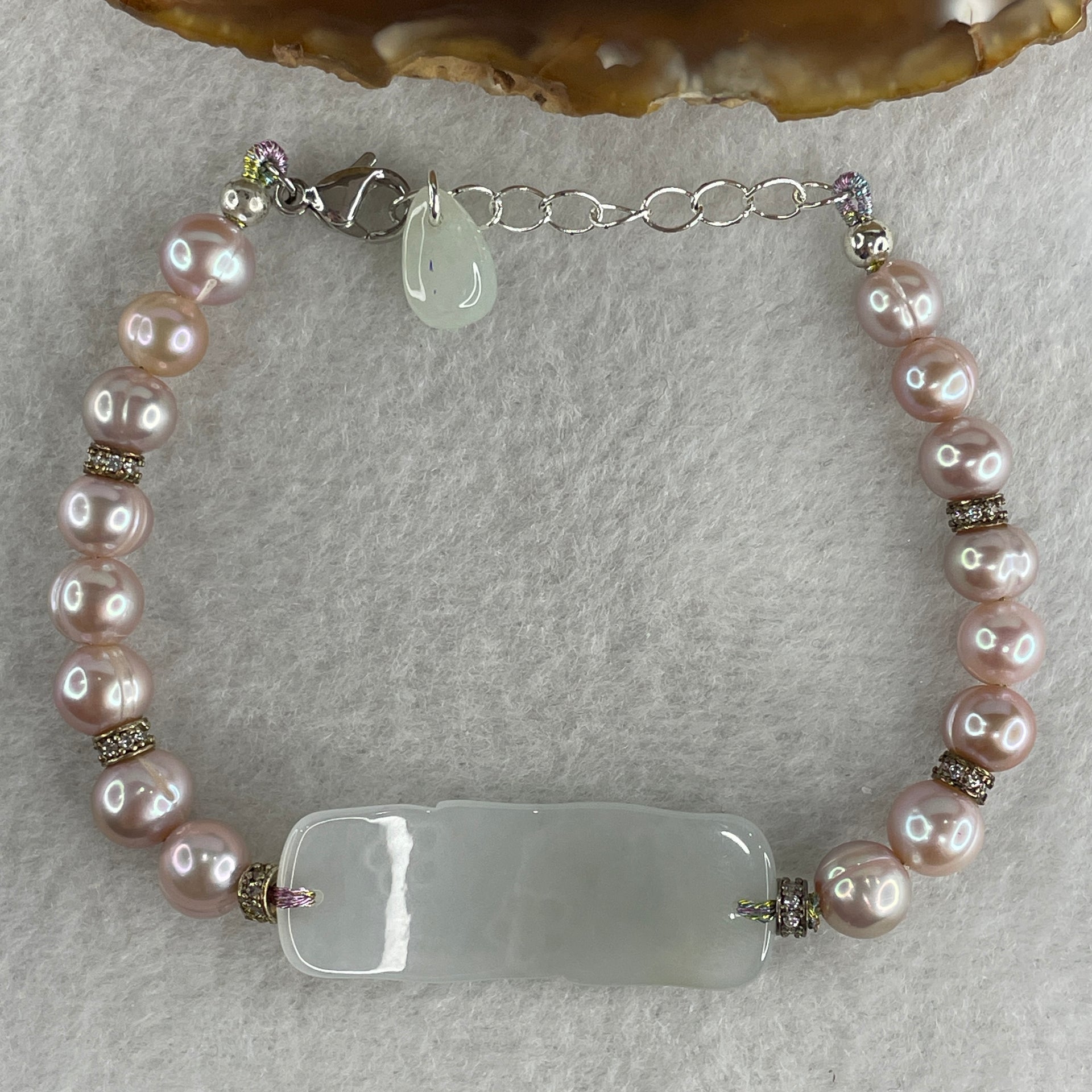 Natural Type A Semi Icy Light Lavender Jadeite Flower with Faux Pearl Beads Bracelet 13.94g 15-20cm 37.3 by 14.1 by 3.0mm - Huangs Jadeite and Jewelry Pte Ltd