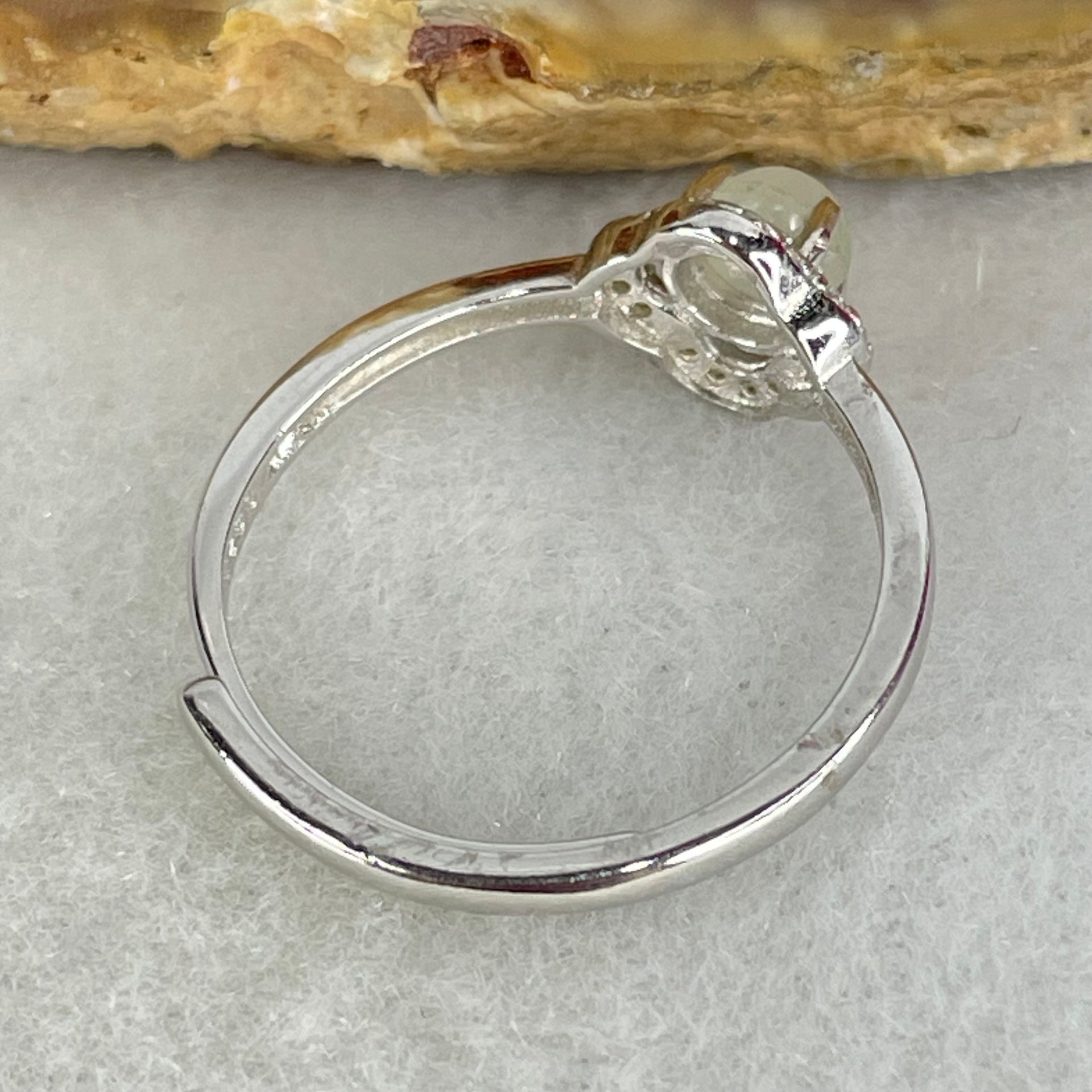 Type A Light Lavender Cabochon Jadeite in S925 Sliver Clover Ring (Adjustable Size) 1.15g 4.4 by 3.5mm - Huangs Jadeite and Jewelry Pte Ltd