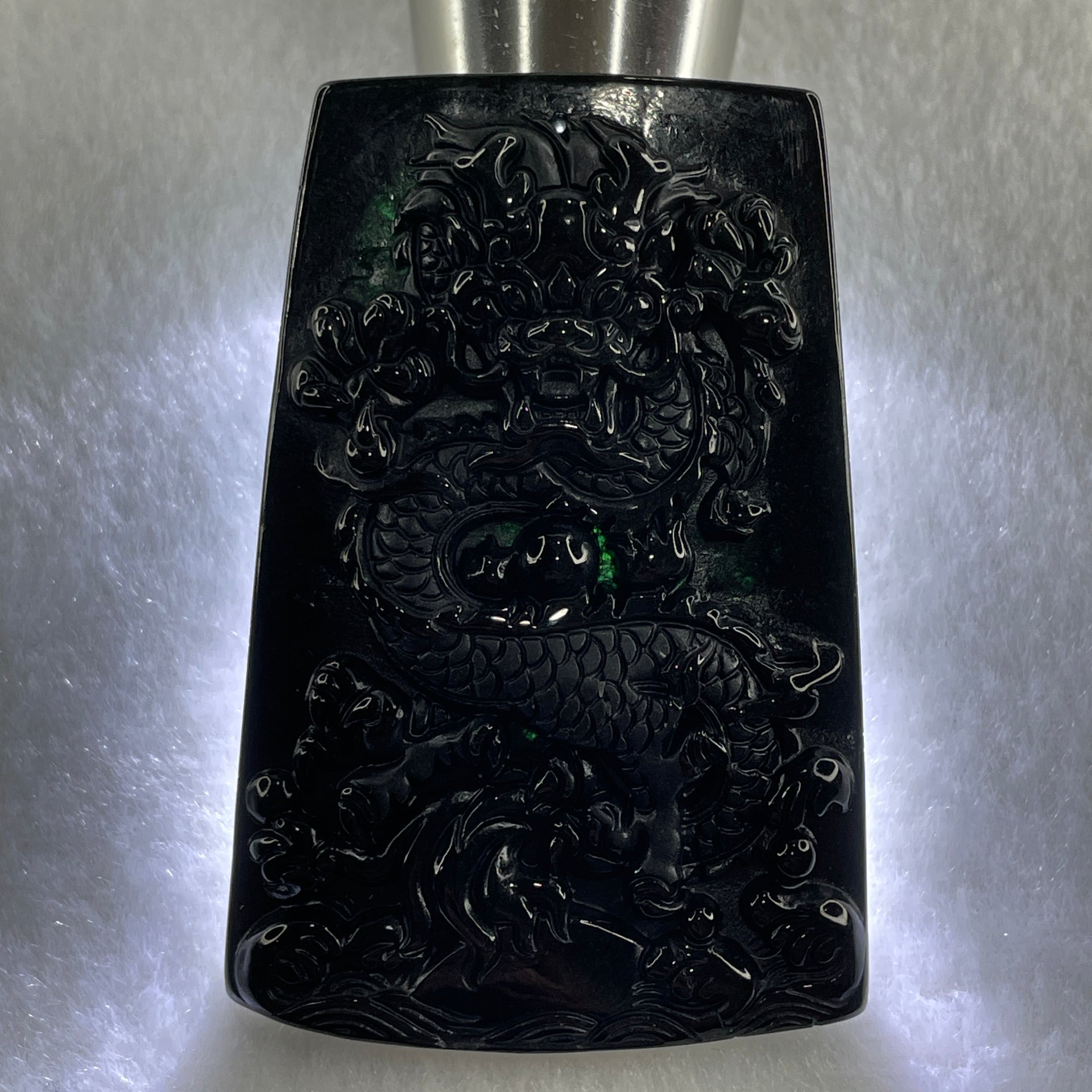 Type A Opaque to Partial Translucent Black Omphacite Jadeite Dragon Pendant 30.25g 64.4 by 42.8 by 8.2mm - Huangs Jadeite and Jewelry Pte Ltd