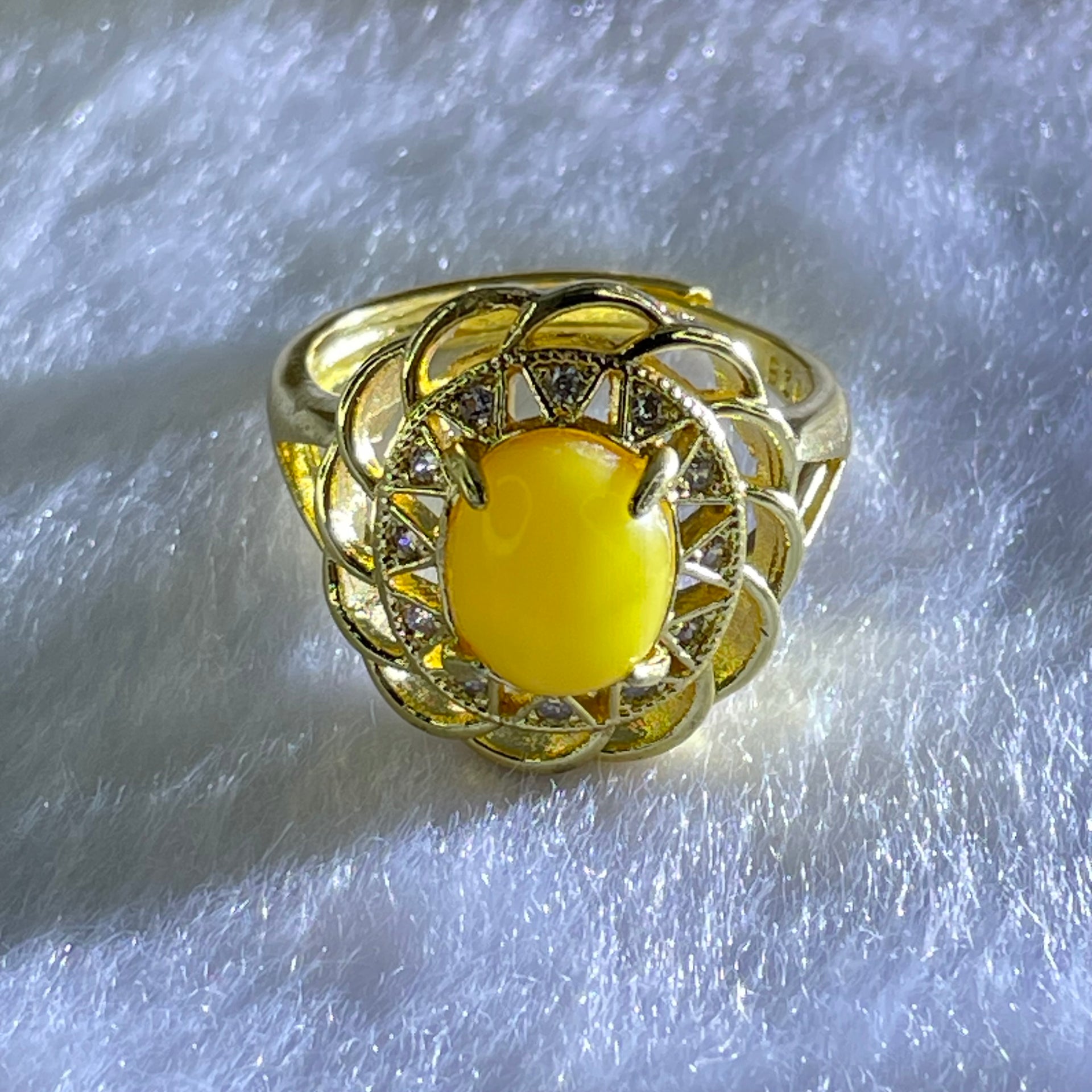 Natural Butterscotch Amber With Crystals in S925 Sliver Gold Color Ring (Adjustable Size) 3.74g 8.9 by 7.2 by 5.0mm - Huangs Jadeite and Jewelry Pte Ltd