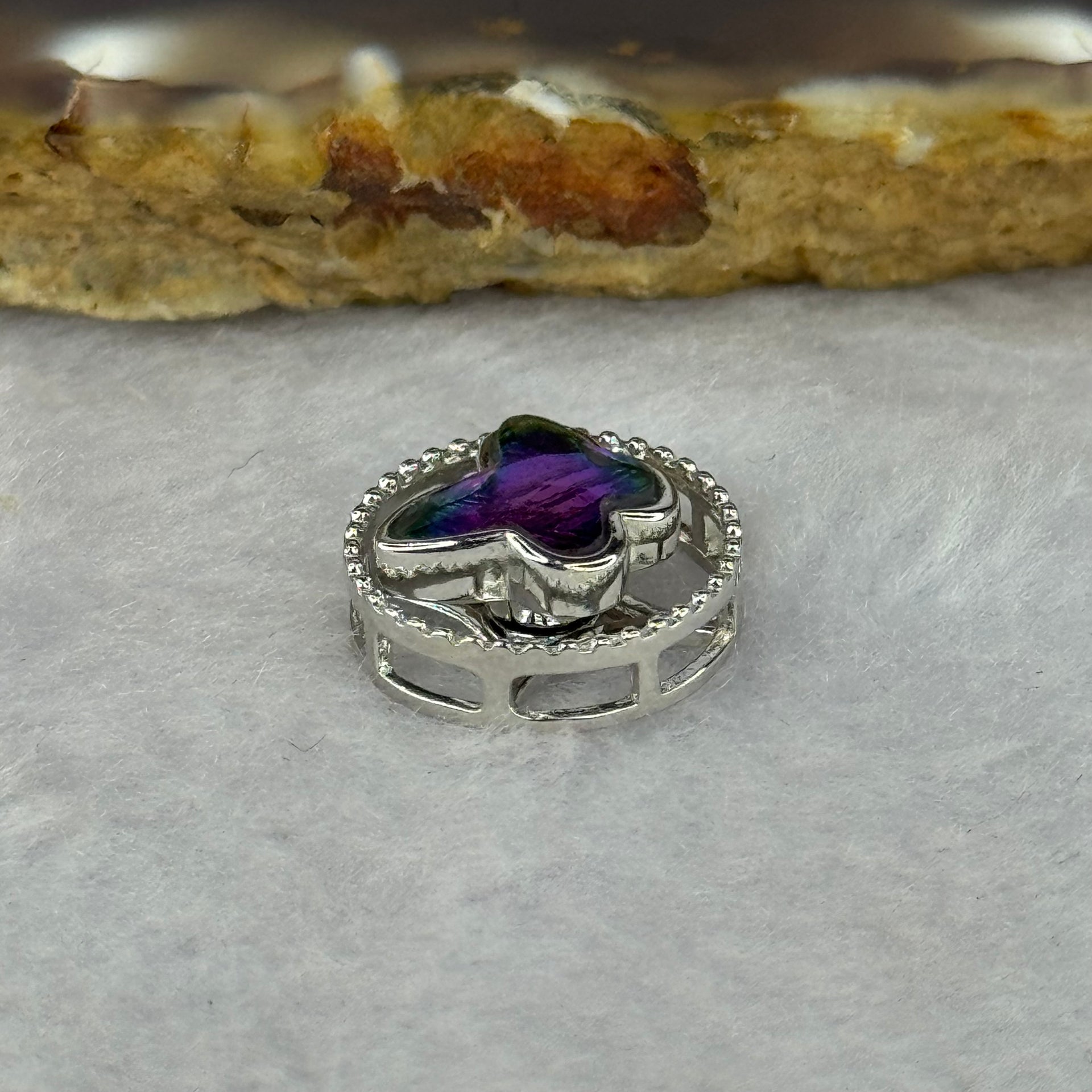 Natural Meteorite Spinning Purple with Yellow Color Butterfly Charm in S925 Silver 1.74g 13.1 by 6.0mm - Huangs Jadeite and Jewelry Pte Ltd