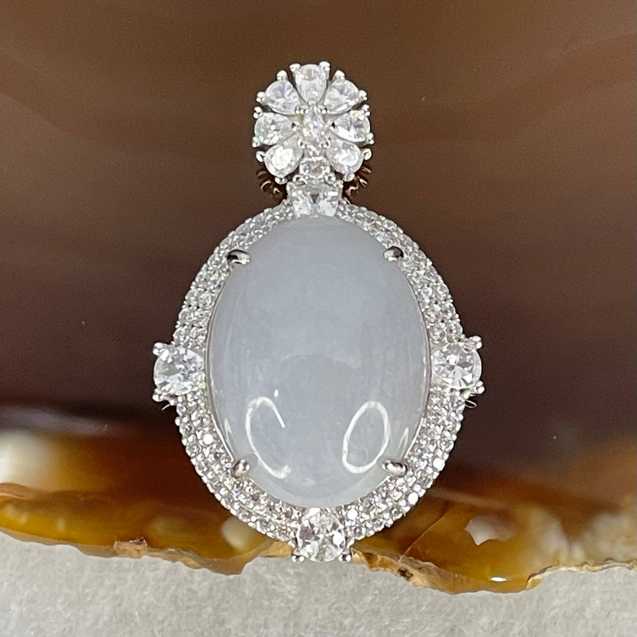 Type A Lavender Cabochon Jadeite in S925 Sliver with Crystal Charm 6.19g 18.7 by 14.6 by 6.5mm - Huangs Jadeite and Jewelry Pte Ltd