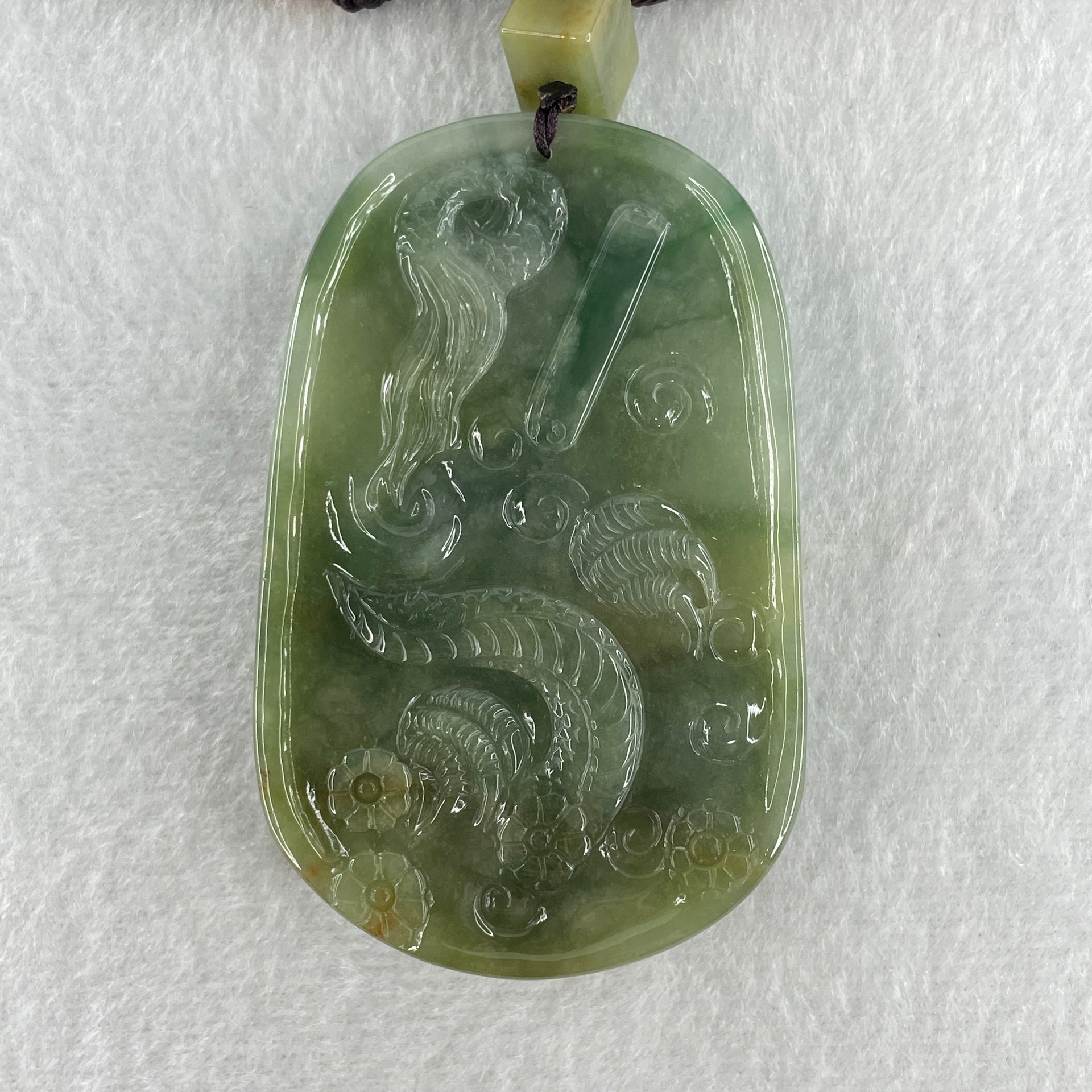 Natural Type A Blueish Green with Light Brown Jadeite Good Vs Evil (Buddha Vs Devil) with Dragon 80.23g 68.0 by 43.7 by 12.3mm - Huangs Jadeite and Jewelry Pte Ltd