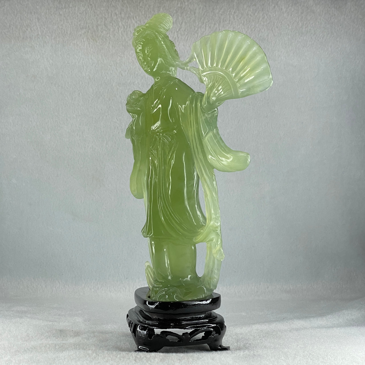 Natural Green Serpentine Fairy with Fan and Flower with Wooden Stand Display 476.2g 130.0 by 70.0 by 225.0mm - Huangs Jadeite and Jewelry Pte Ltd