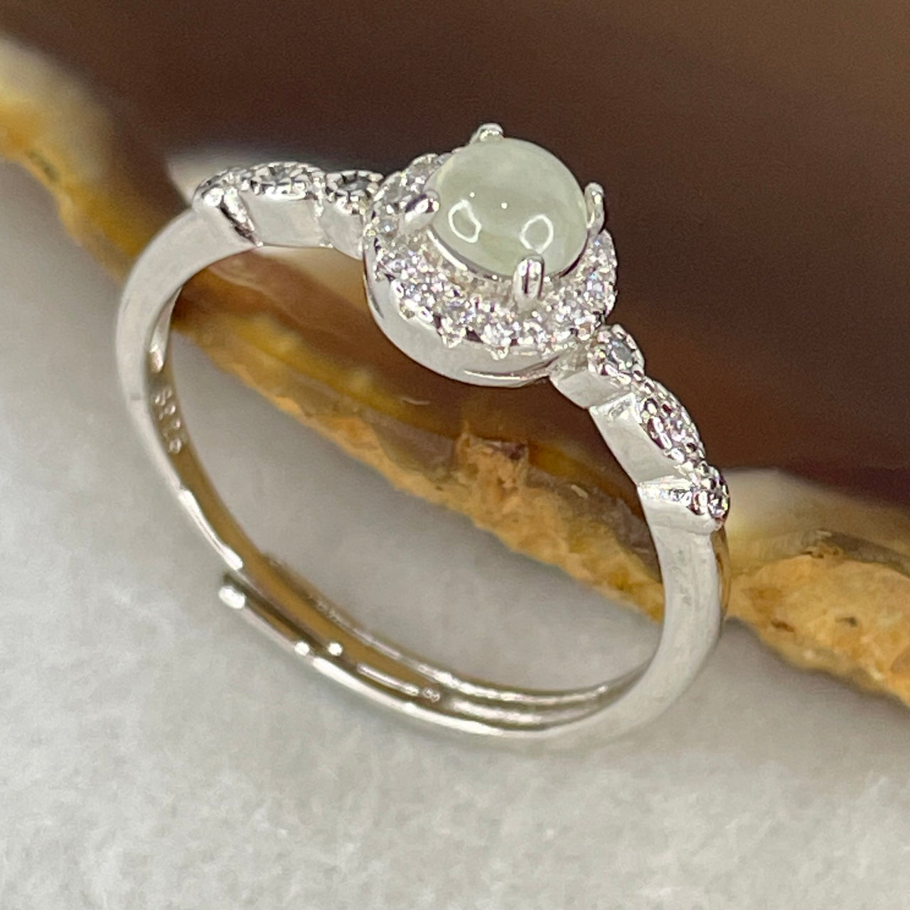 Type A Semi Icy Light Lavender Cabochon Jadeite in S925 Sliver Ring (Adjustable Size) 1.43g 4.2 by 2.5mm - Huangs Jadeite and Jewelry Pte Ltd