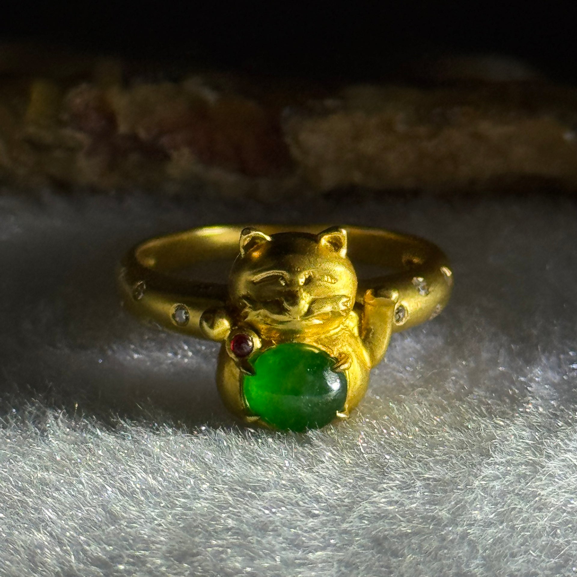 Type A Burmese Icy Gull Spicy Green Jade Jadeite Fortune Cat 18k yellow gold 4.61g Fortune cat 11.9 by 11.2 by 6.8mm with Diamonds Ring inner diameter 16.9mm US6.5 HK14.5 Inner Dia 17.0mm - Huangs Jadeite and Jewelry Pte Ltd