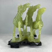 Natural Yellowish Green Serpentine 3 Victory Horse with Wooden Stand Display 1,929.3g 198.0 r we by 166.0 by 200.0mm - Huangs Jadeite and Jewelry Pte Ltd