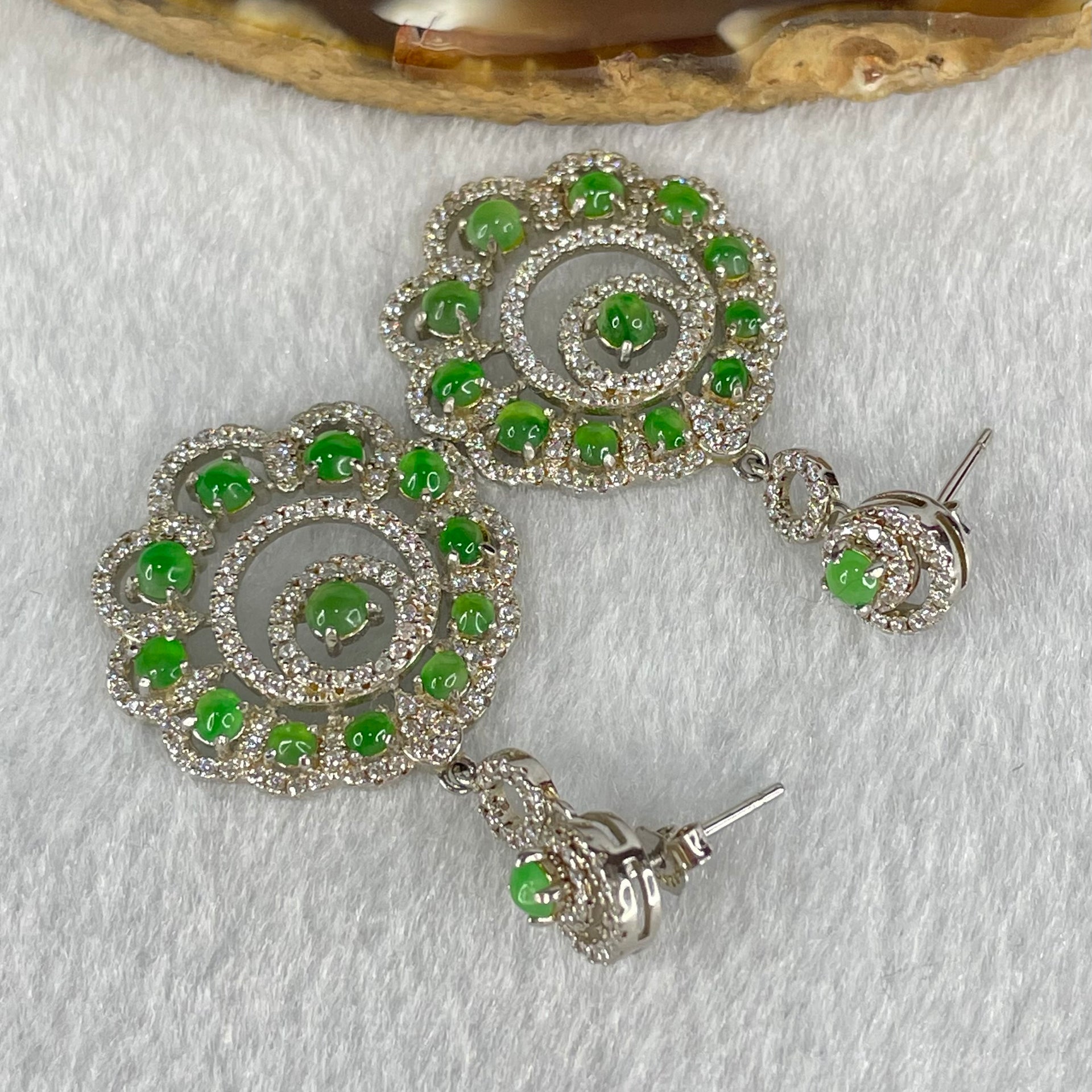 Type A Icy Green Jadeite Cabochon With Crystals in S925 Sliver Earrings 8.92g 3.5 by 1.5mm - Huangs Jadeite and Jewelry Pte Ltd