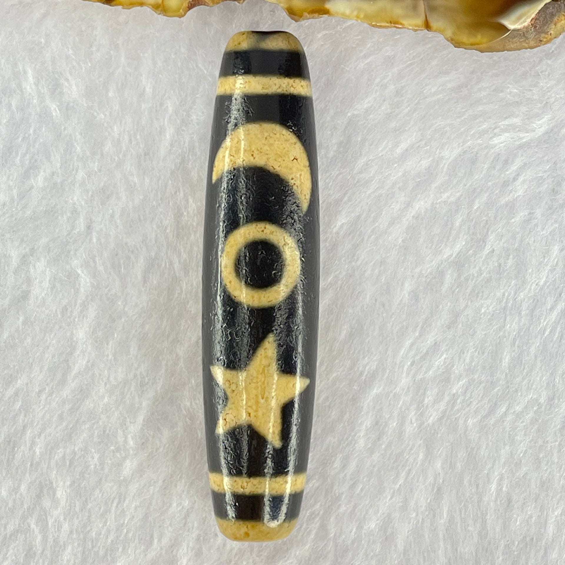 Natural Powerful Tibetan Old Oily Agate Cai Shen with Moon Sun Star Dzi Bead Heavenly Master (Tian Zhu) 财神长天珠 16.88g 58.3 by 13.6mm - Huangs Jadeite and Jewelry Pte Ltd