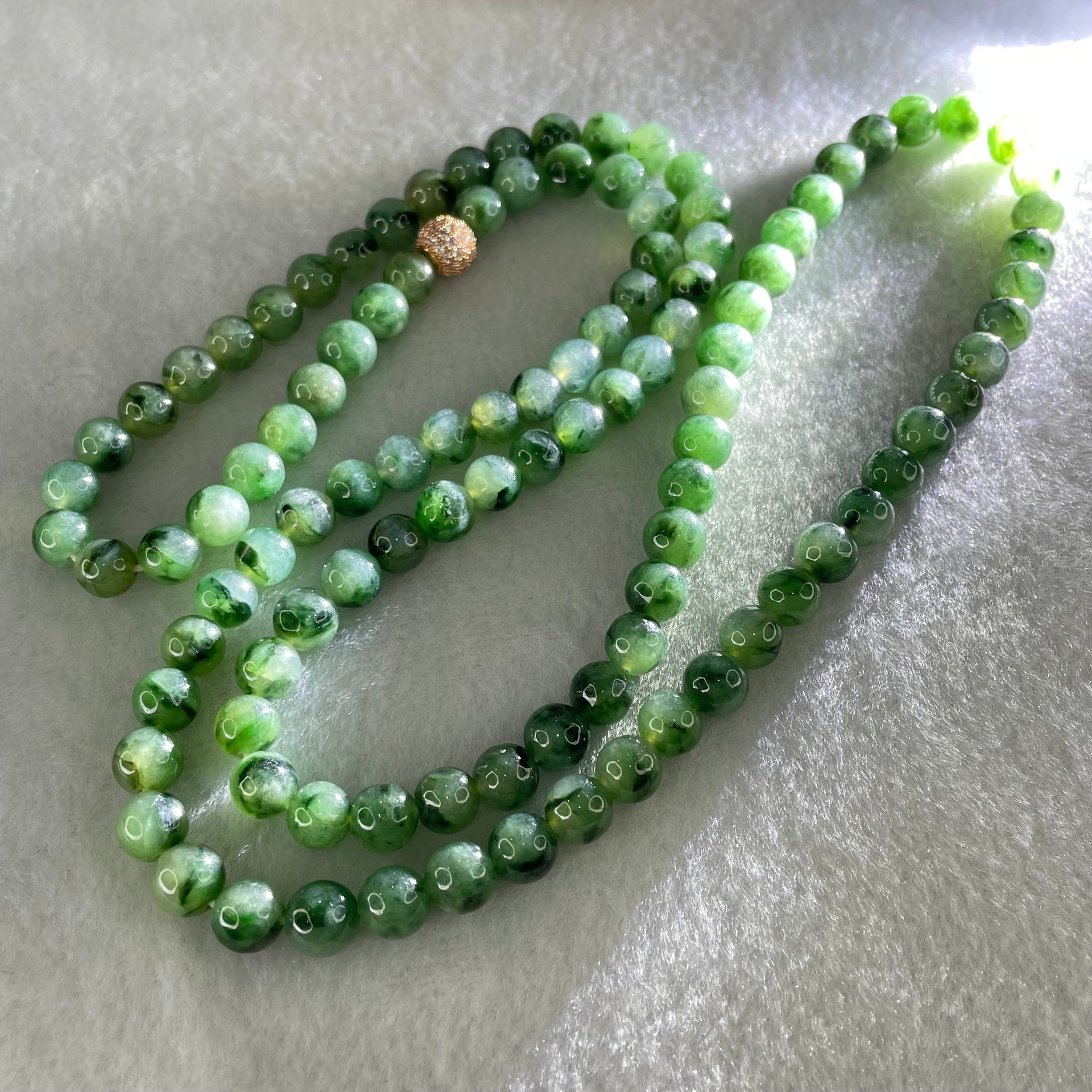 Type A Green with Dark Green Piao Hua Jadeite Beads Necklace 70.43g 76cm 7.5mm 108 Beads - Huangs Jadeite and Jewelry Pte Ltd