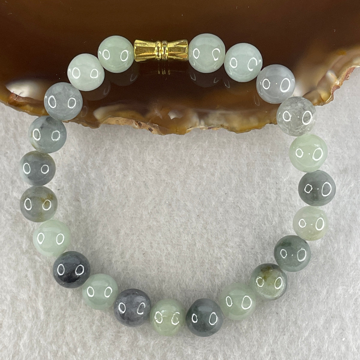 Natural Type A Light Wuji Grey & Light Green Jadeite Beads Bracelet | (20.04g | 15.5cm | 8.2mm x 22 Beads | Synergy, "Wuji" Spatial Shield & Feng Shui Serenity Anchor)