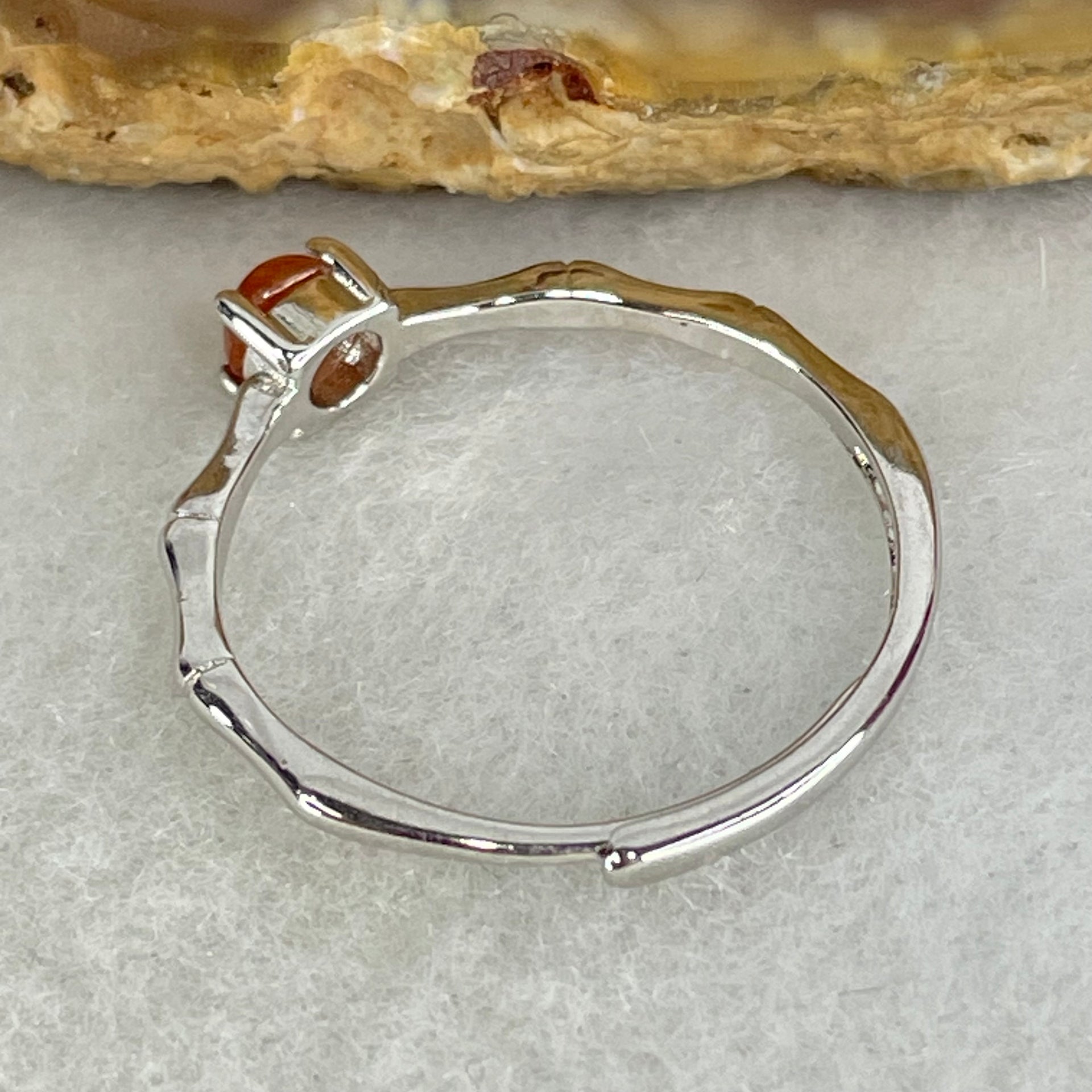 Type A Red Cabochon Jadeite in S925 Sliver Bamboo Ring (Adjustable Size) 1.00g 4.2 by 3.0mm - Huangs Jadeite and Jewelry Pte Ltd