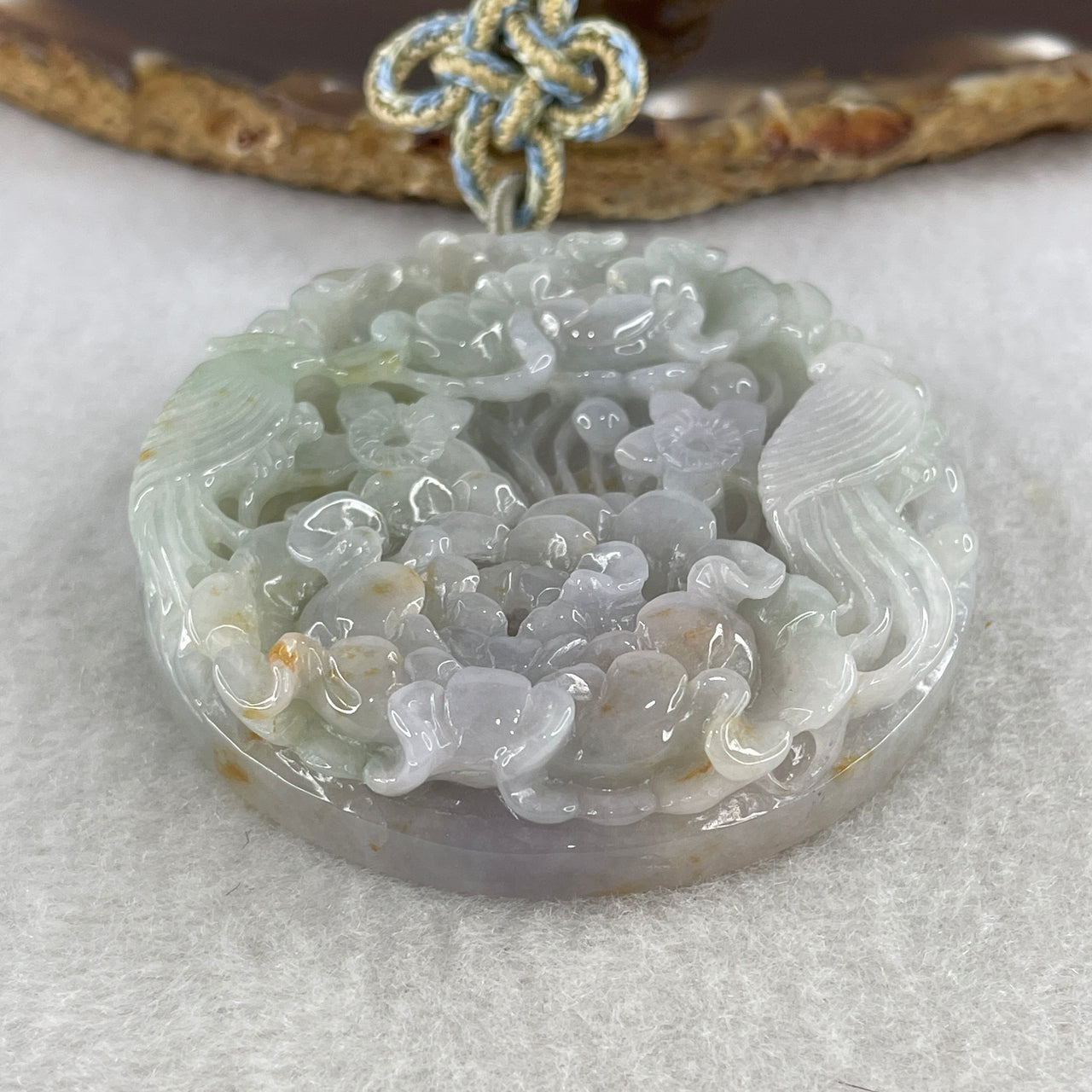 Natural Type A Multicolor Jadeite Bangle & Pendant Set | 57.7mm Lavender & Green with Reddish-Brown "Peony & Birds" Master-Carved Tribute Suite (141.44g) Bangle 12.4x9.6mm Pendant 55.6x12.7mm  (External Line)