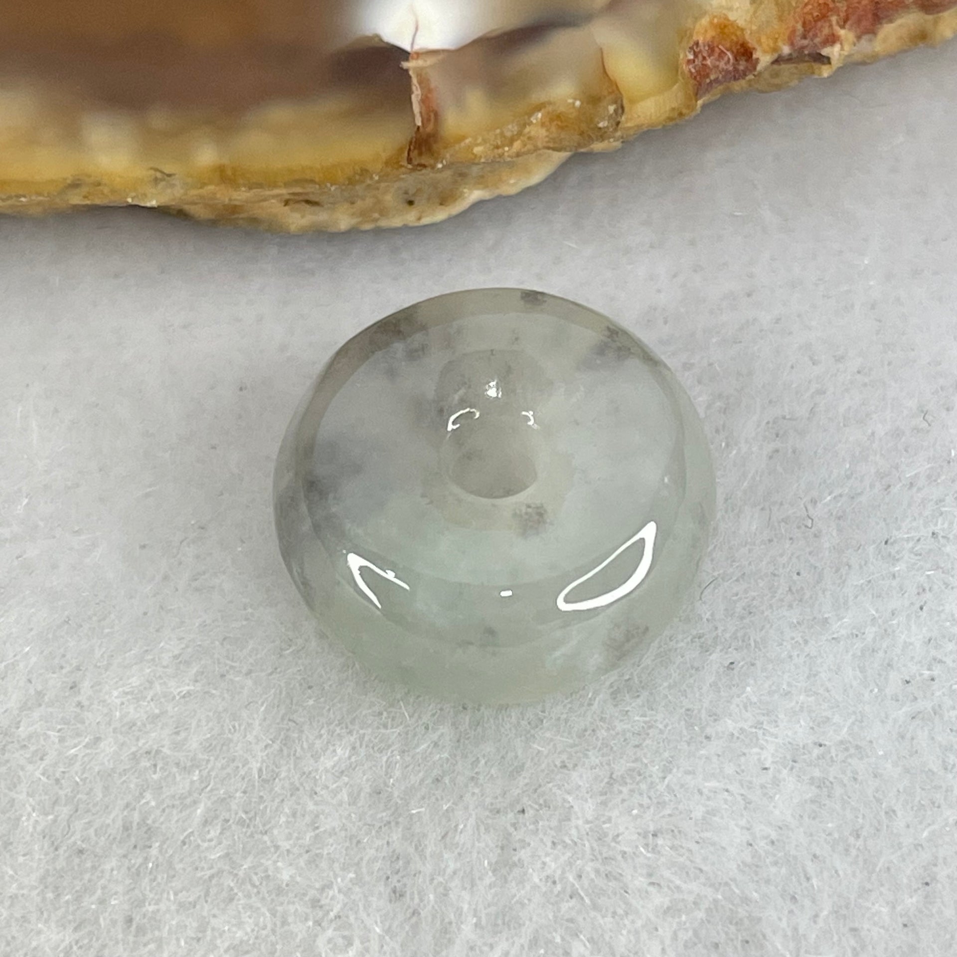 Type A Semi Icy Light Green With Wuji Grey Spots Jadeite Ping An Kou Donut Pendant 2.37g 13.6 by 6.1mm - Huangs Jadeite and Jewelry Pte Ltd