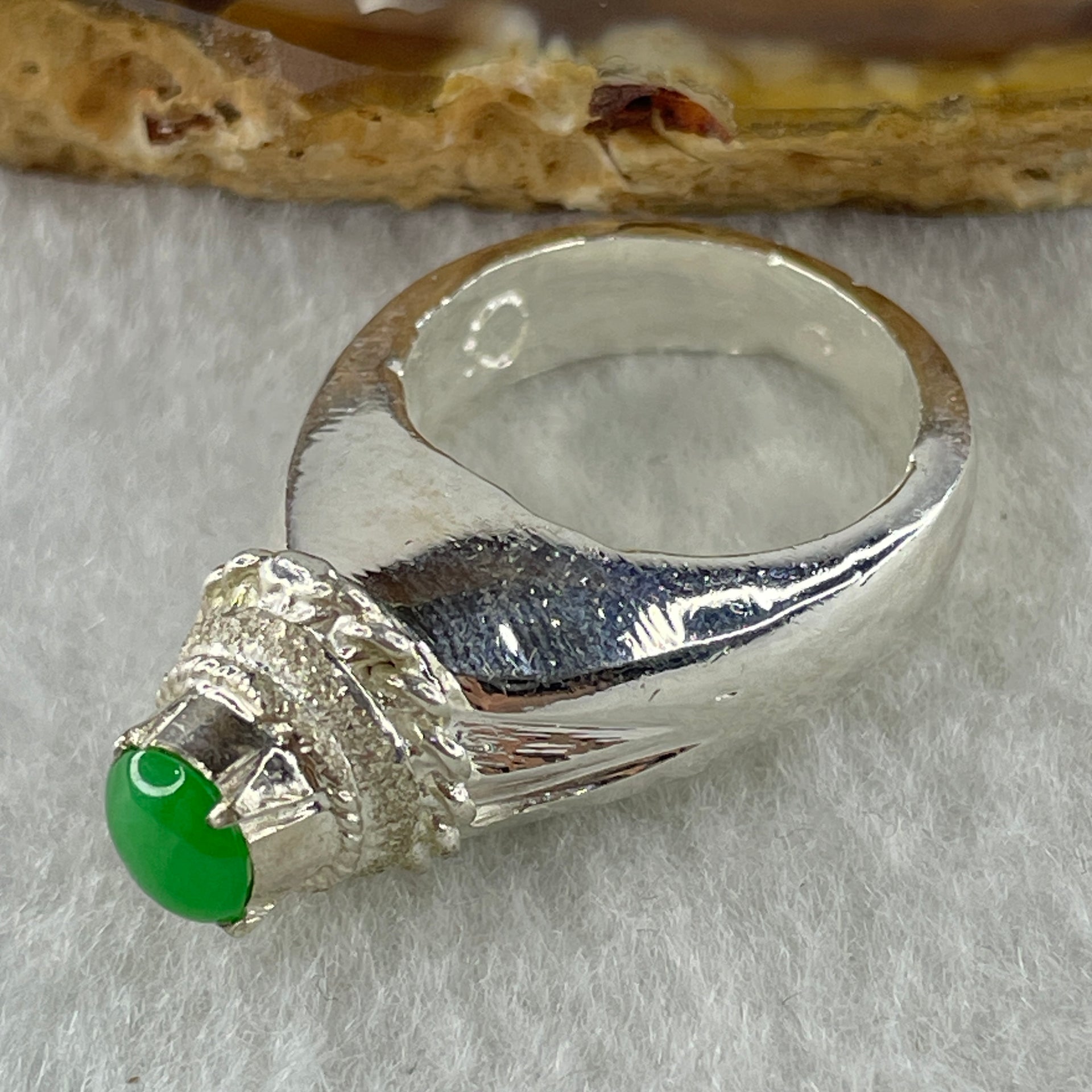 Type A Natural Apple Green Jadeite Cabochon 5.9 by 5.9 by 1.8mm Stone for Setting 9.18g (On Silver Ring Mold) US 6.3 HK 13.8 - Huangs Jadeite and Jewelry Pte Ltd