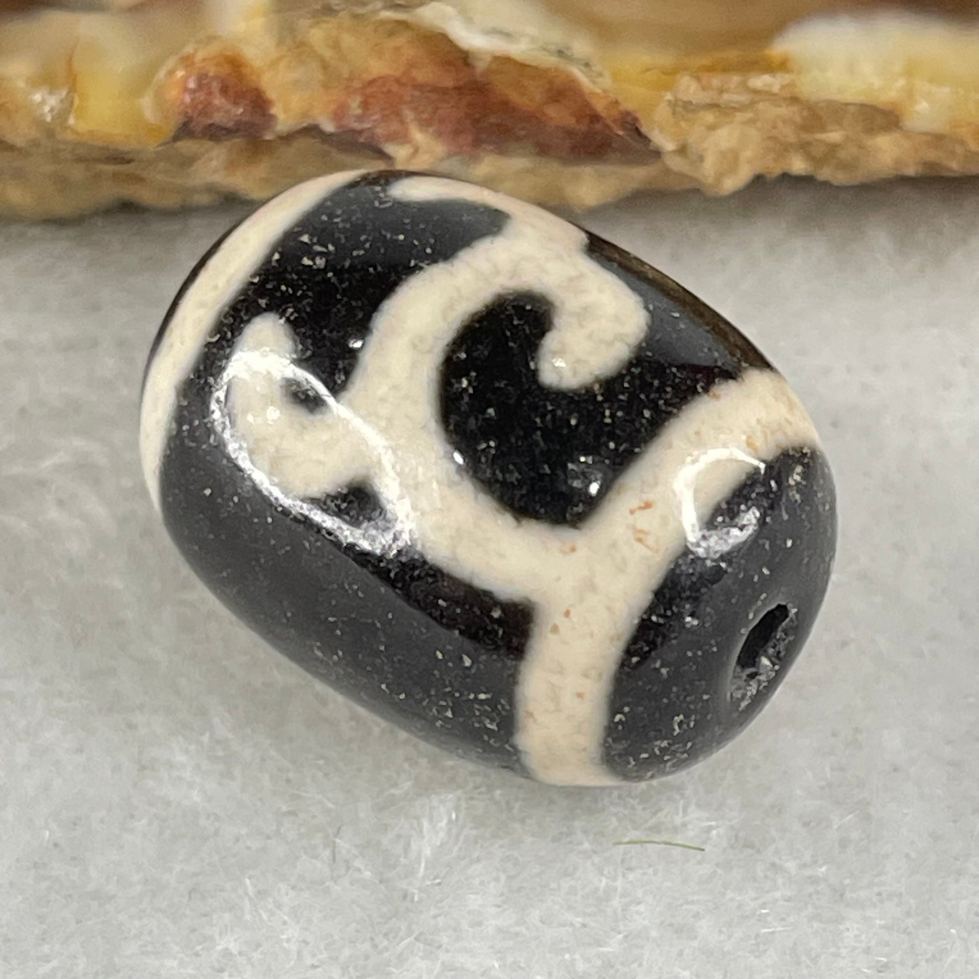 Natural Powerful Tibetan Old Oily Black White Agate Green Tara Dzi Bead Heavenly Master (Tian Zhu) 绿度母天珠 4.99g 17.9 by 13.4mm - Huangs Jadeite and Jewelry Pte Ltd